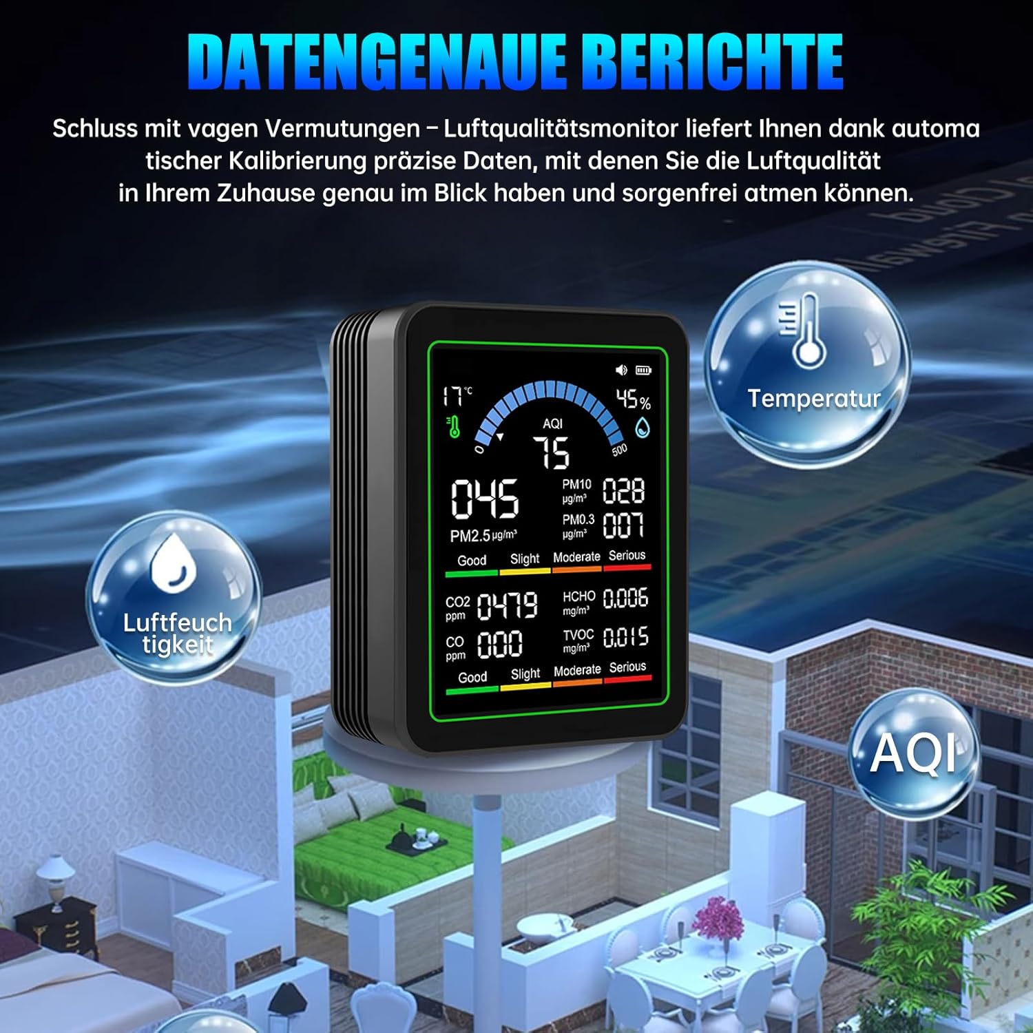 10-in-1-Luftqualitätsmonitor mit 2,8-Zoll-Farbdisplay und 4-Farben-Alarm, Messung von CO₂, PM1,0/PM2,5/PM10, HCHO, Temperatur und Luftfeuchtigkeit. Luftüberwachungsgerät mit Typ C für Zuhause – Bild 5
