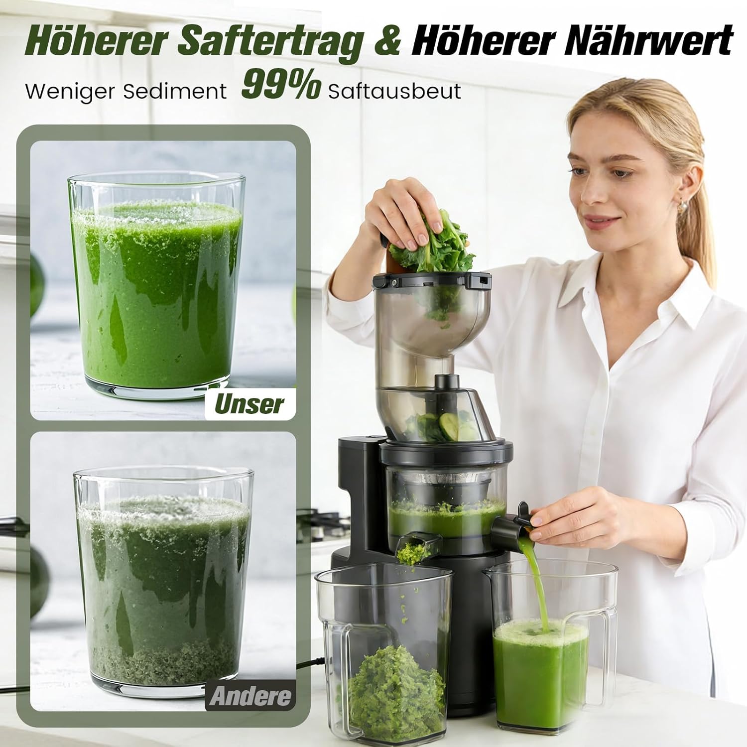 Slow Juicer 500 W, elektrischer Entsafter mit 125 mm breitem Einfüllrohr, Entsafter Gemüse und Obst Testsieger für ganze Früchte und Gemüse, BPA-frei, inklusive 2 Behältern, Pinsel und Saftrezepten – Bild 3