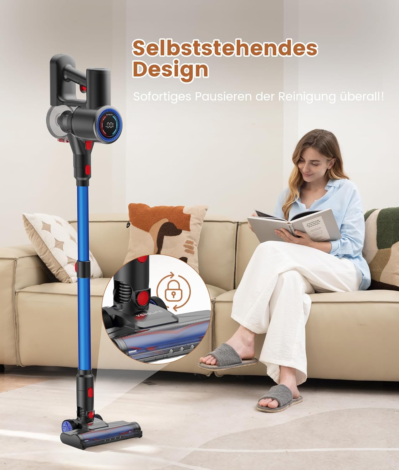 VersLife Z8 Akku-Staubsauger, 500 W/45 Min./40 KPa Akku-Staubsauger mit intelligentem LED-Display, selbststehender, leichter Akku-Staubsauger mit grünem Licht für Tierhaare, Hartböden, Teppiche – Bild 5