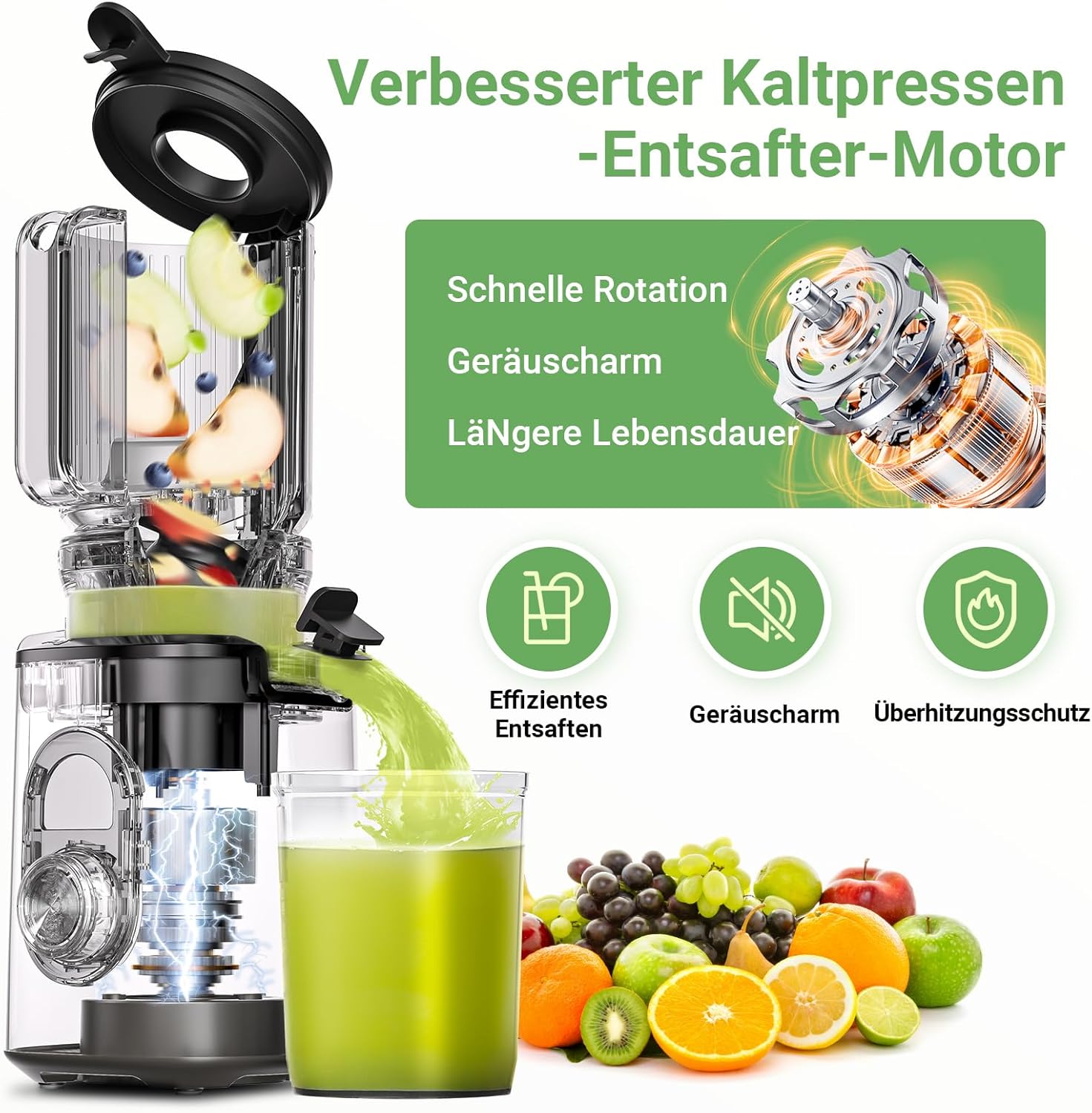 AAOBOSI SlowJuicer für Gemüse und Obst, hohe Saftausbeute, elektrischer Entsafter mit Umkehrfunktion, leicht zu reinigen, BPA-frei – Bild 4