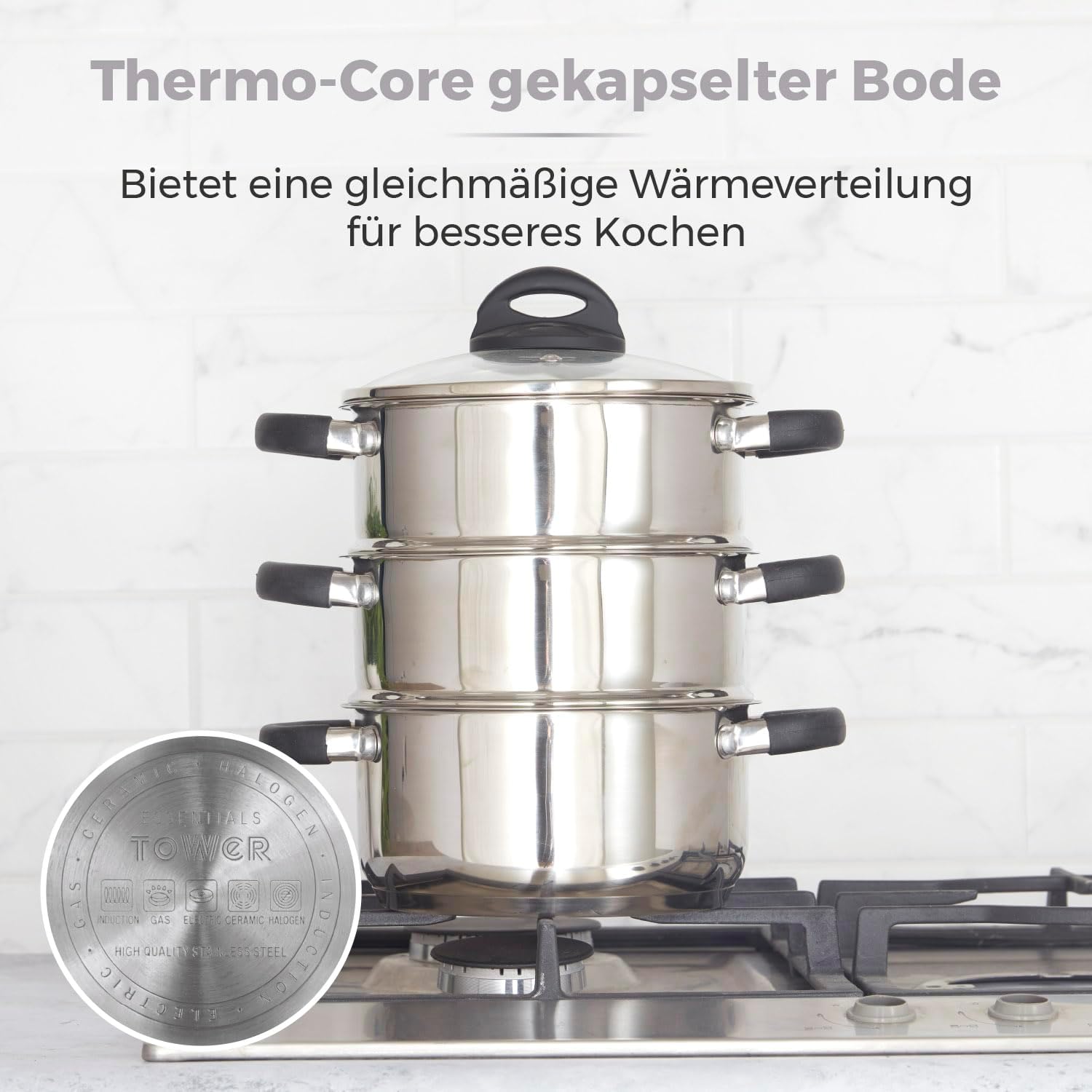 Tower T80836 Essentials Induktions-Dampfgarer, 3-lagig, mit Glasdeckel und Silikongriffen, Kartoffeldämpfer aus Edelstahl mit polierter Hochglanzoberfläche, 18 cm, Silber – Bild 5