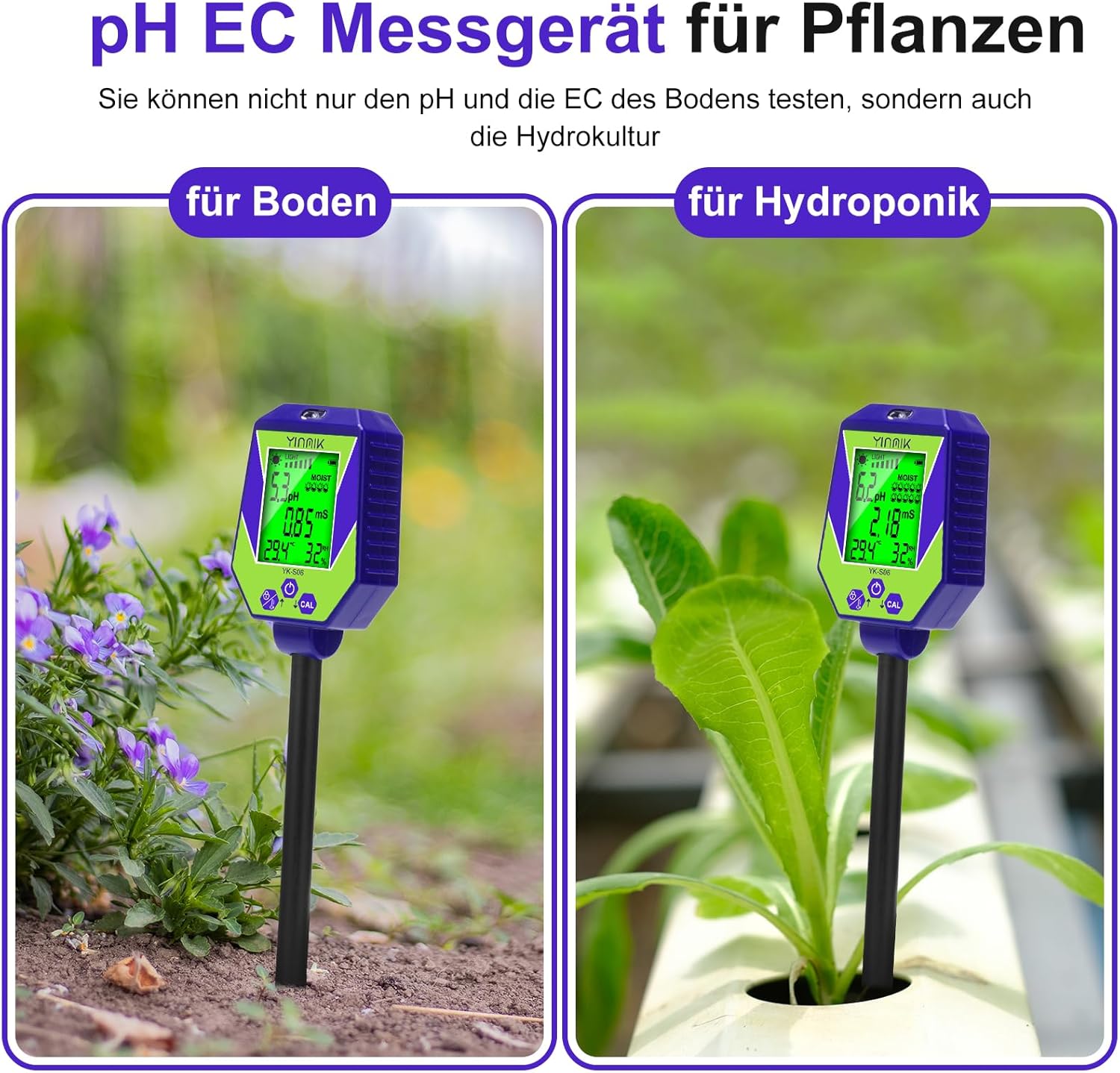 pH-Leitfähigkeitsmessgerät für Boden und Wasser, Pflanzen pH-Feuchtigkeitsmessgerät, Boden-pH-EC-Messgerät, 6-in-1-Bodentestkits für pH-Feuchtigkeit, Leitfähigkeit, Licht, Luftfeuchtigkeit, Temperatur – Bild 3