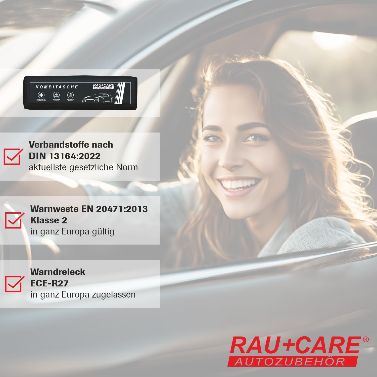 Rau Auto-Kombitasche schwarz 3-in-1 – aktuelle Norm 2025 – geprüft – inkl. Warndreieck, Warnweste – Verbandstasche Auto DIN 13164:2022 – erfüllt alle StVO-Vorschriften – – Bild 2