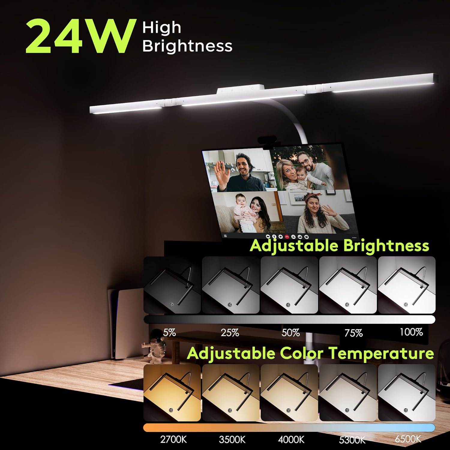 EYOCEAN Schreibtischlampe, Schreibtischlampe mit 3 Lichtquellen, 24W 100cm Tageslichtlampe Schreibtisch mit Fernbedienung, Dimmbare Monitorlampe, Schwanenhals Bürotischlampe – Bild 2
