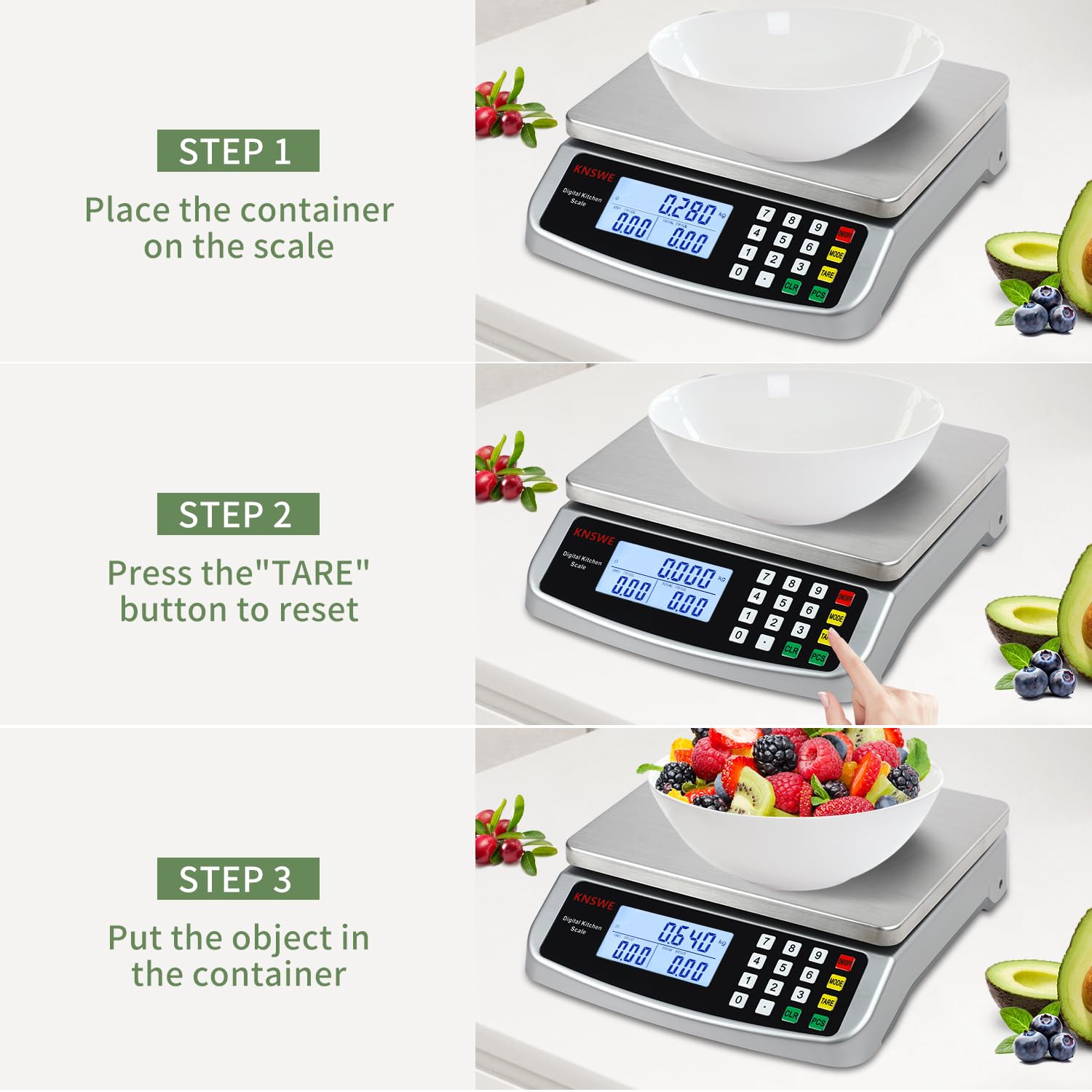 Küchenwaage 40 kg/1G, professionelle digitale Küchenwaage, große Edelstahl-Lebensmittelwaage, Obstwaage mit Tara-Funktion, PCS-Zählwaage, LCD-Display und 5 Maßeinheiten, Silber – Bild 6