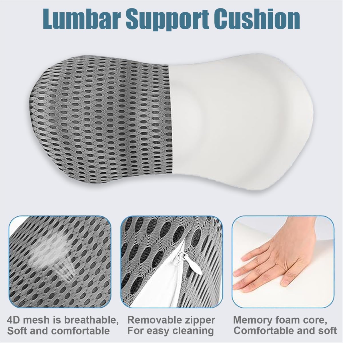 Orthopädisches Lendenkissen, Memory-Schaum-Rückenkissen zur Druckentlastung für Bürostuhl, Bett, Stuhl, Auto, dunkelgrau, 46 x 23 x 11 cm – Bild 5