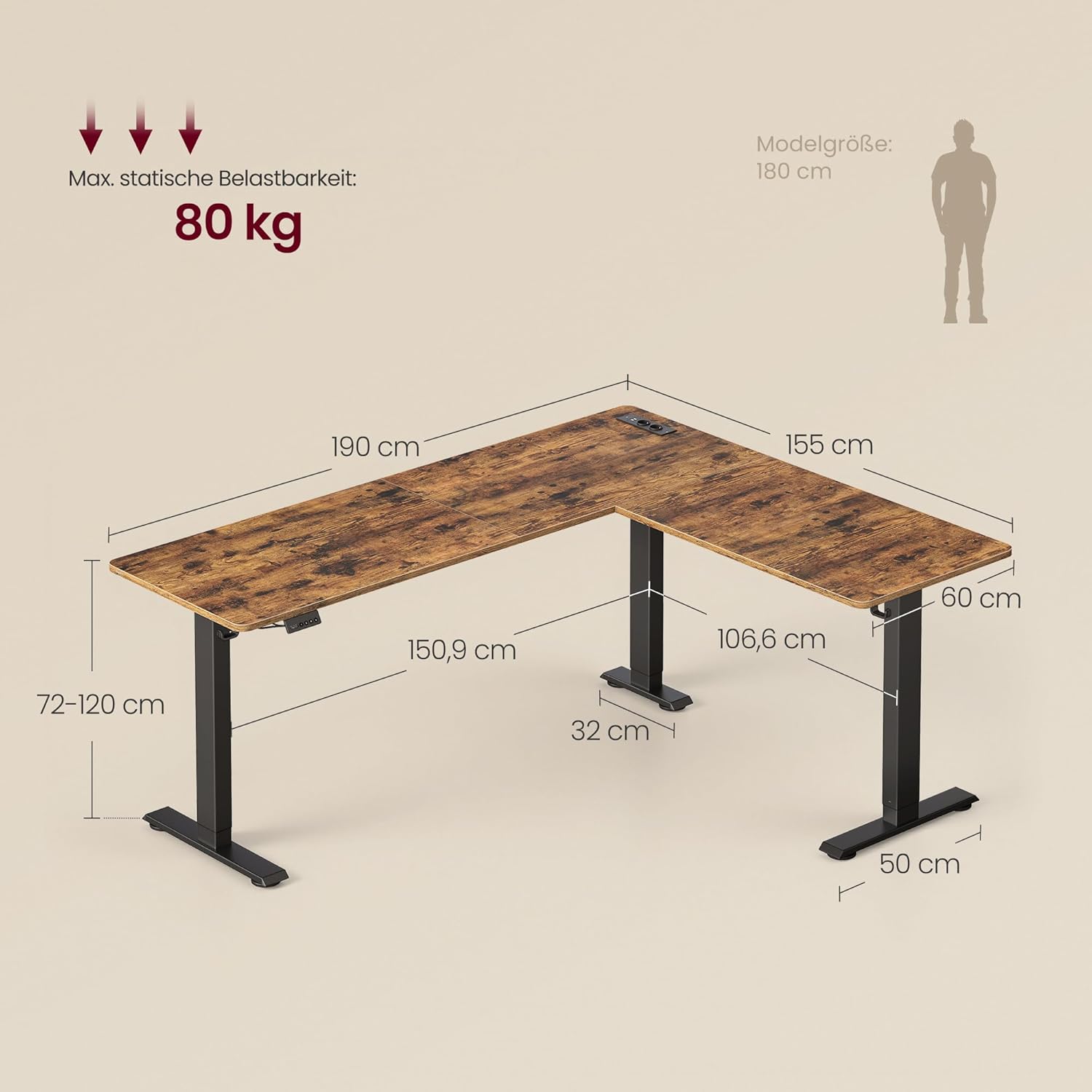 VASAGLE Höhenverstellbarer Schreibtisch, 190 x 155 cm, L-förmiger Eckschreibtisch, Stehpult, 2 AC-Steckdosen, 2 USB-A-Anschlüsse, Steckdosenleistenablage, für Büro, Vintage-Braun LSD295KD01 – Bild 3