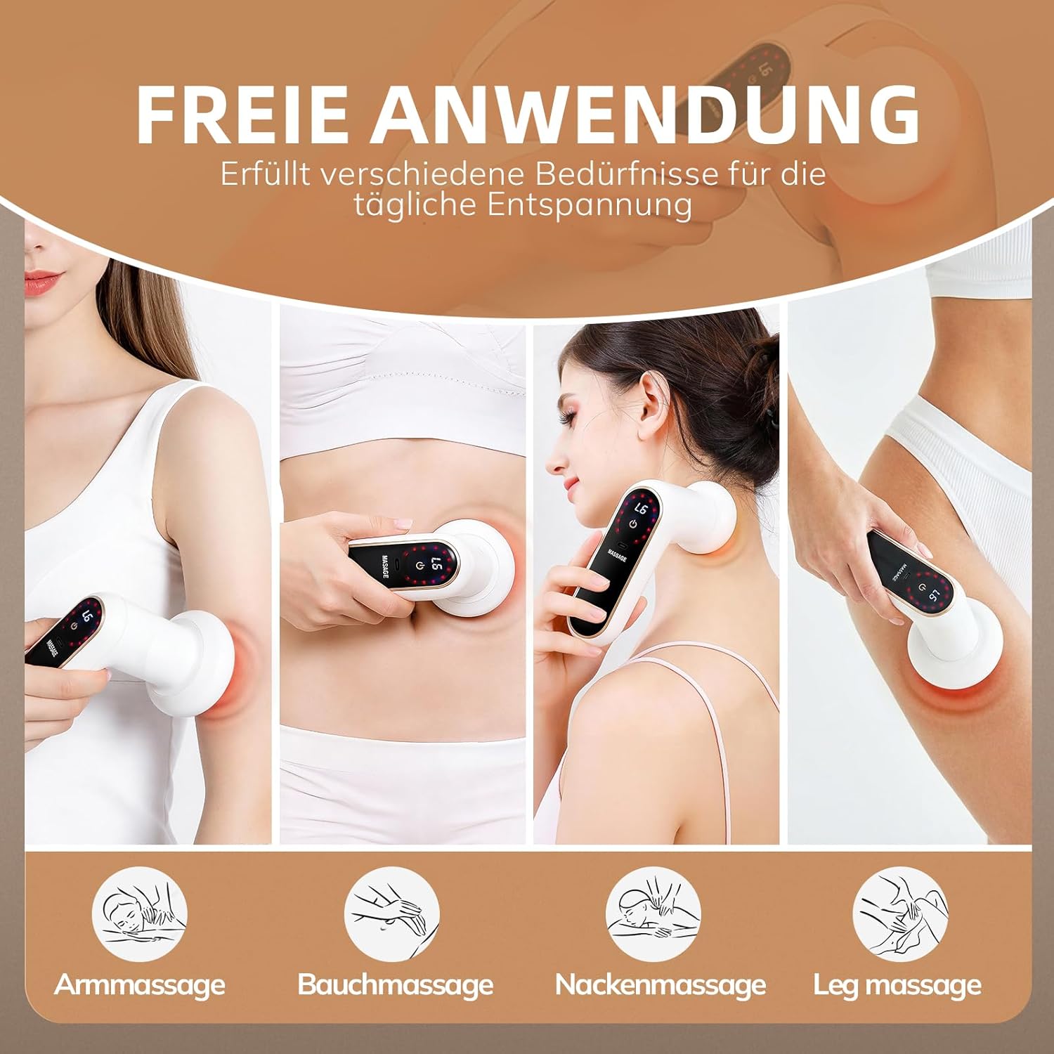 Anti-Cellulite-Massagegerät, elektrisches Lymphdrainagegerät, Handmassagegerät mit Heizung, 5 Massageköpfe, 6 Intensitätsstufen und 3 Modi für Hautstraffung, Durchblutung und Muskelentspannung – Bild 3