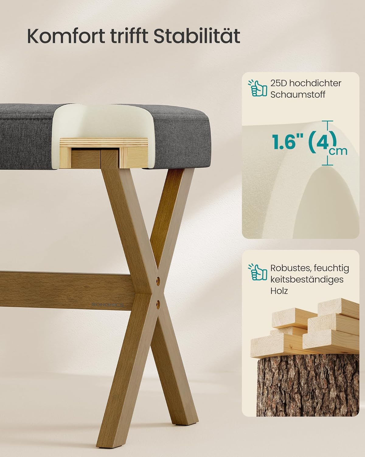 SONGMICS Make-up-Hocker, gepolsterter Hocker, Holzbeine, Fußhocker, Schlafzimmer, Ankleidezimmer, Flur, 32 x 42 x 46 cm, Schiefergrau, Braun, SPF006GN01 – Bild 5