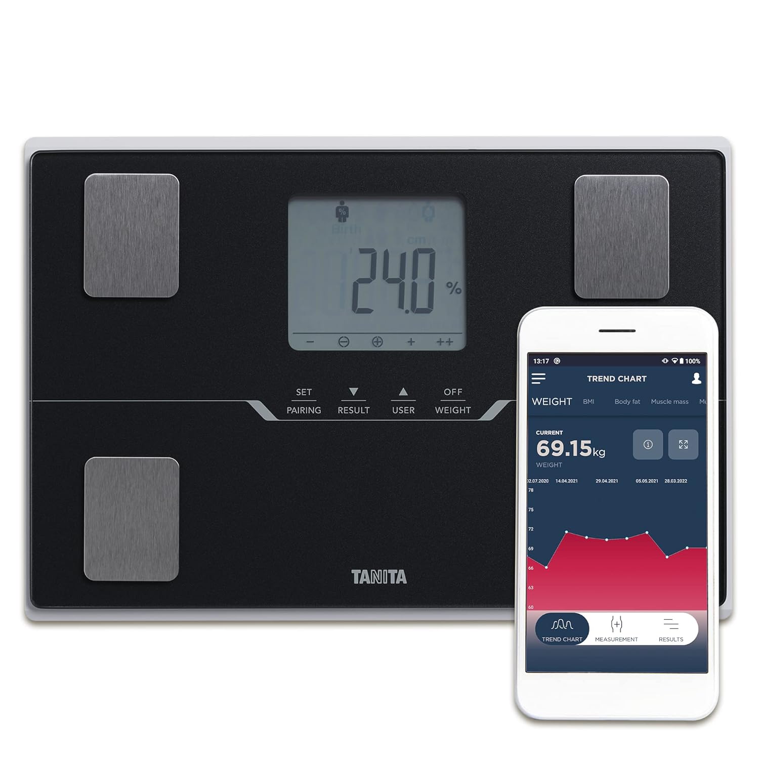 Tanita BC-401 Körperanalysewaage mit Bluetooth – Digitale Personenwaage für präzise Körperanalyse | Waage mit Körperfett- und Muskelmasse, Smart App, automatische Benutzererkennung, Schwarz