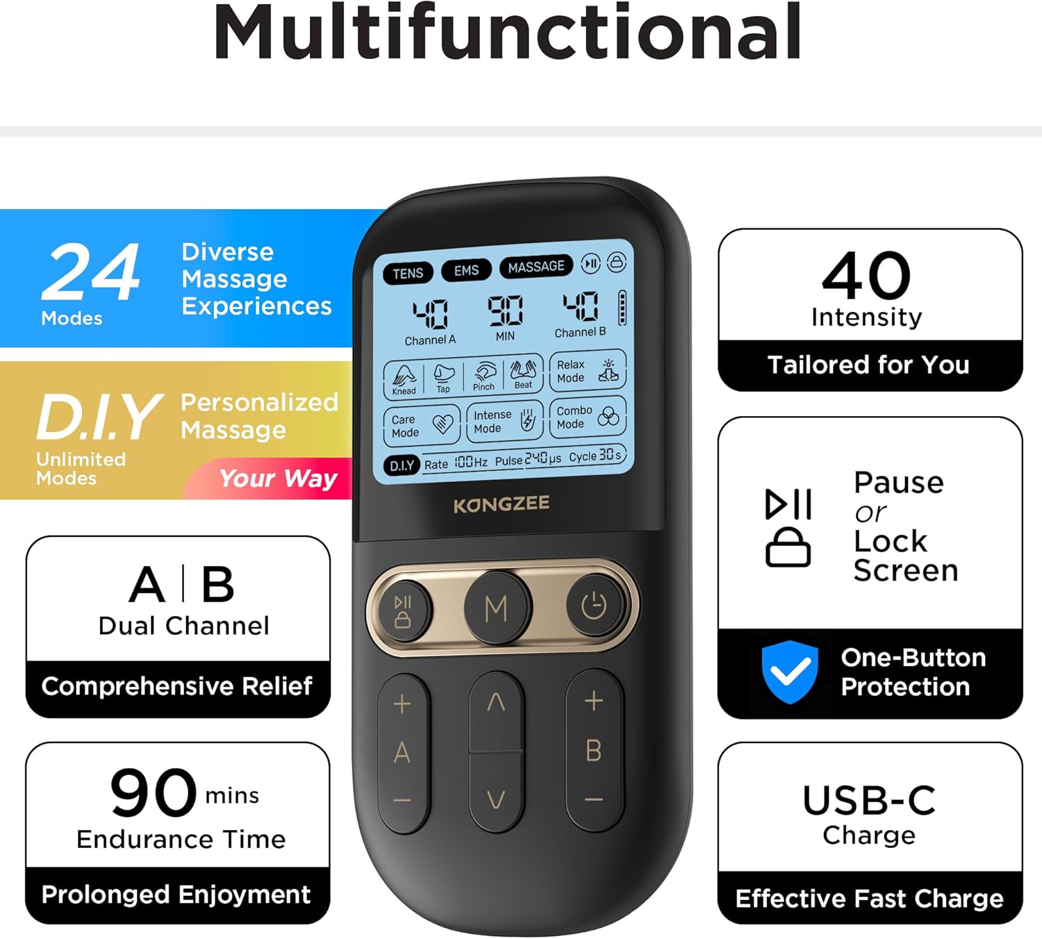 4-in-1-DIY-TENS-Gerät, Massage-Muskel- und Nervenstimulationsgerät, Zweikanal-TENS-EMS-Gerät, Therapiegerät zur Schmerzlinderung, vom FDA-Impulsmassagegerät, mit 12 Elektrodenpads – Bild 4