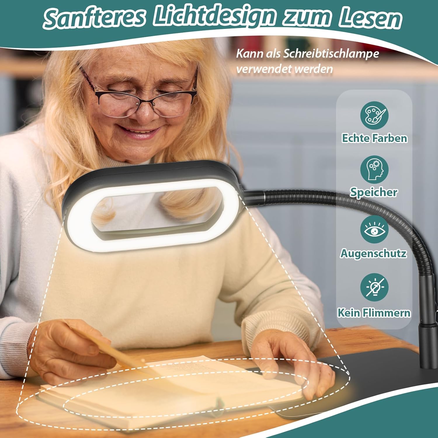 Drdefi 10 x rechteckige Lupe mit Licht und Ständer, Echtglas-Lupenlampe, 5 Farbmodi, stufenlos dimmbar, flexible Schwanenhals-LED-beleuchtete Schreibtischlampe, freihändige Lupenlampe für Lesehobby – Bild 5
