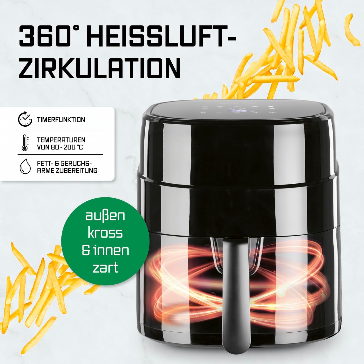 GOURMETmaxx Heißluftfritteuse 4,5 L – Airfryer 1400 W mit digitalem Farbdisplay, Timer, Abschaltautomatik & Überhitzungsschutz, spülmaschinenfestes Zubehör, fettfreies Frittieren – Schwarz – Bild 4