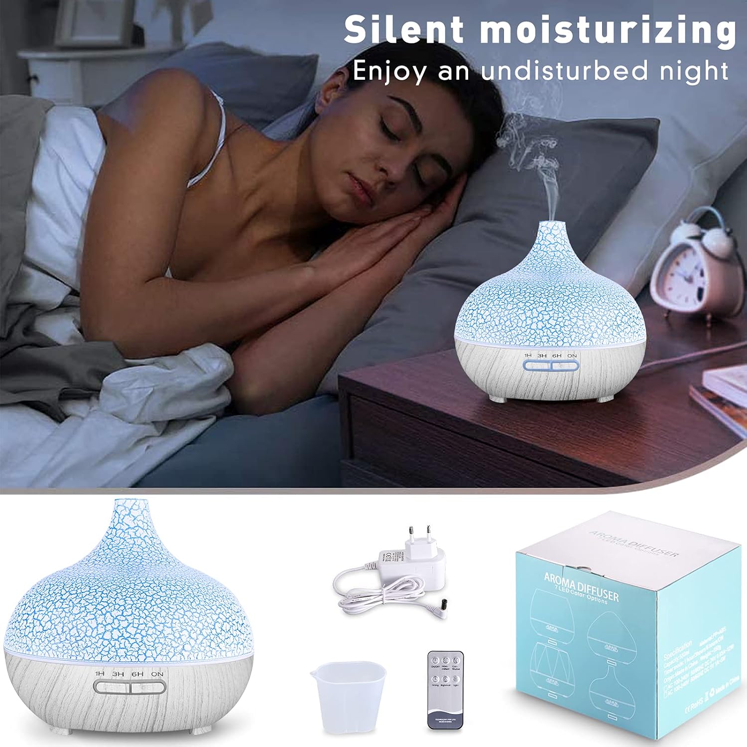 550 ml Aromadiffusor, ultraleiser Ultraschall-Luftbefeuchter, ätherische Öle, BPA-freier Aromatherapie-Luftbefeuchter für Schlafzimmer, Yoga, Spa, 7 Farben LED-Lichter (weiß) – Bild 7