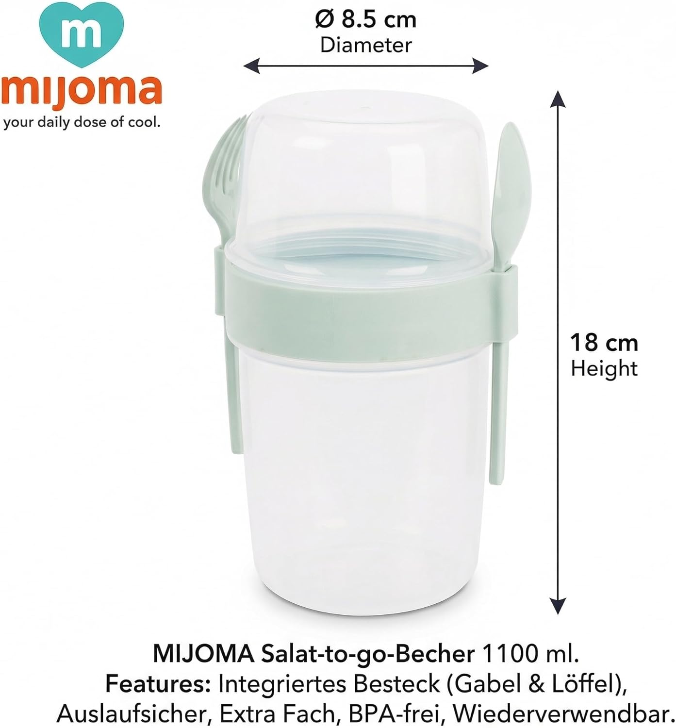 MIJOMA Salat-To-Go-Becher mit Besteck 1100 ml, auslaufsicher, BPA-frei – Meal-Prep-Behälter mit extra Fach für Dressing & Toppings – Salatbox für Reisen & Büro (Mintgrün) – Bild 9