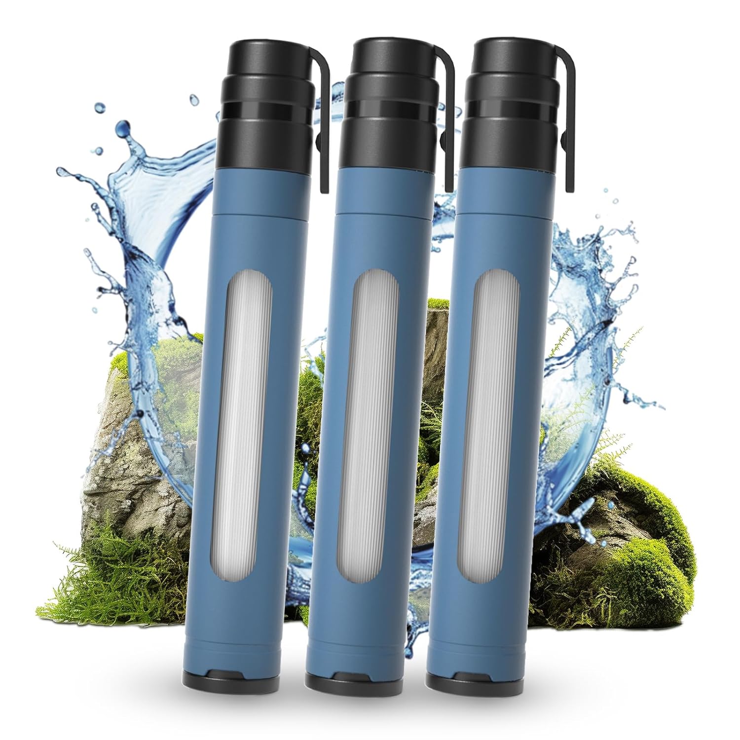 Wasserfilter Outdoor Survival mit Sichtfenster, persönlicher Trinkwasserfilter als Stift, 0,01 µm Ultrafiltrations-Aktivkohle, 3000 l Fassungsvermögen, leicht, tragbar für Camping, Wandern (blau x 3)