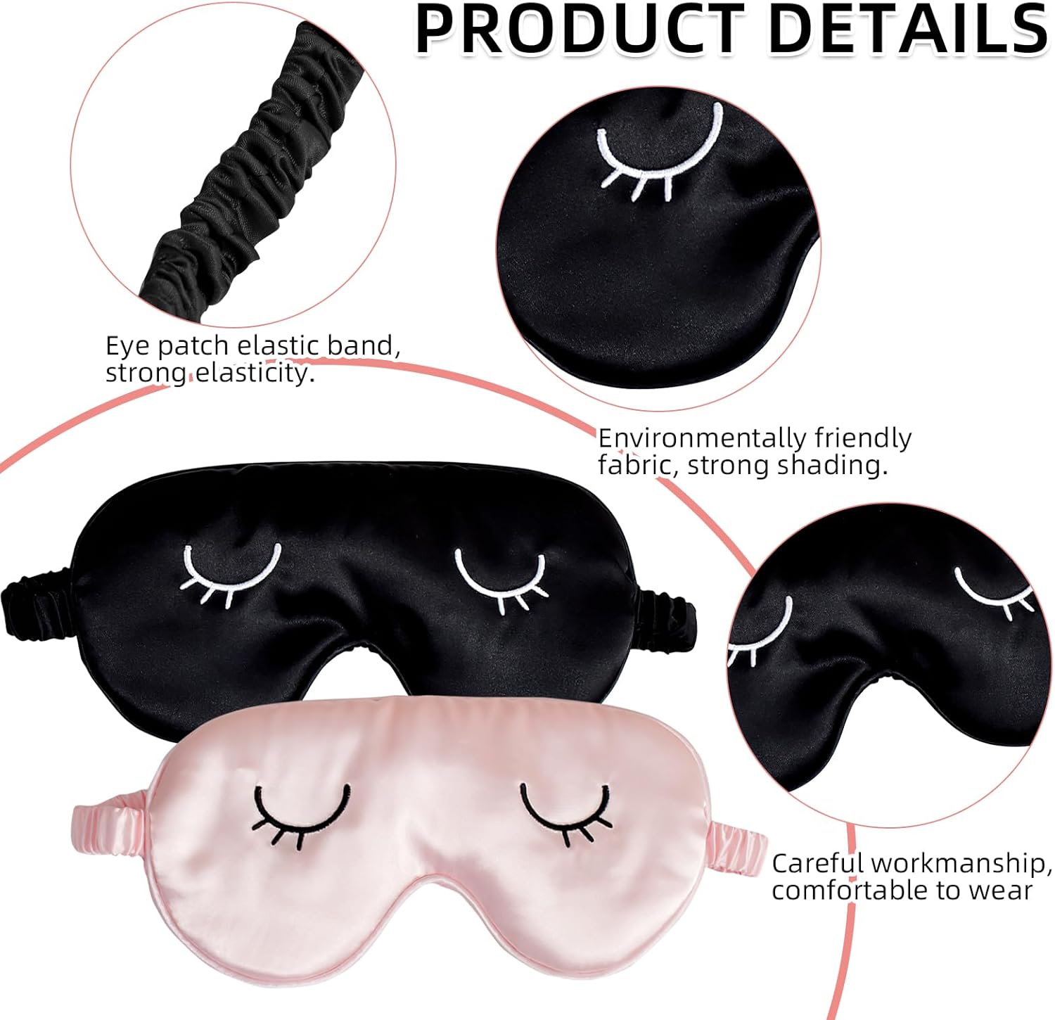2er-Pack Schlafmasken für Damen und Kinder – Augenmaske für Erwachsene und Kinder, weiche Schlafbrille für Damen und Herren, lichtblockierende Nachtmaske (Rosa, Schwarz) – Bild 2