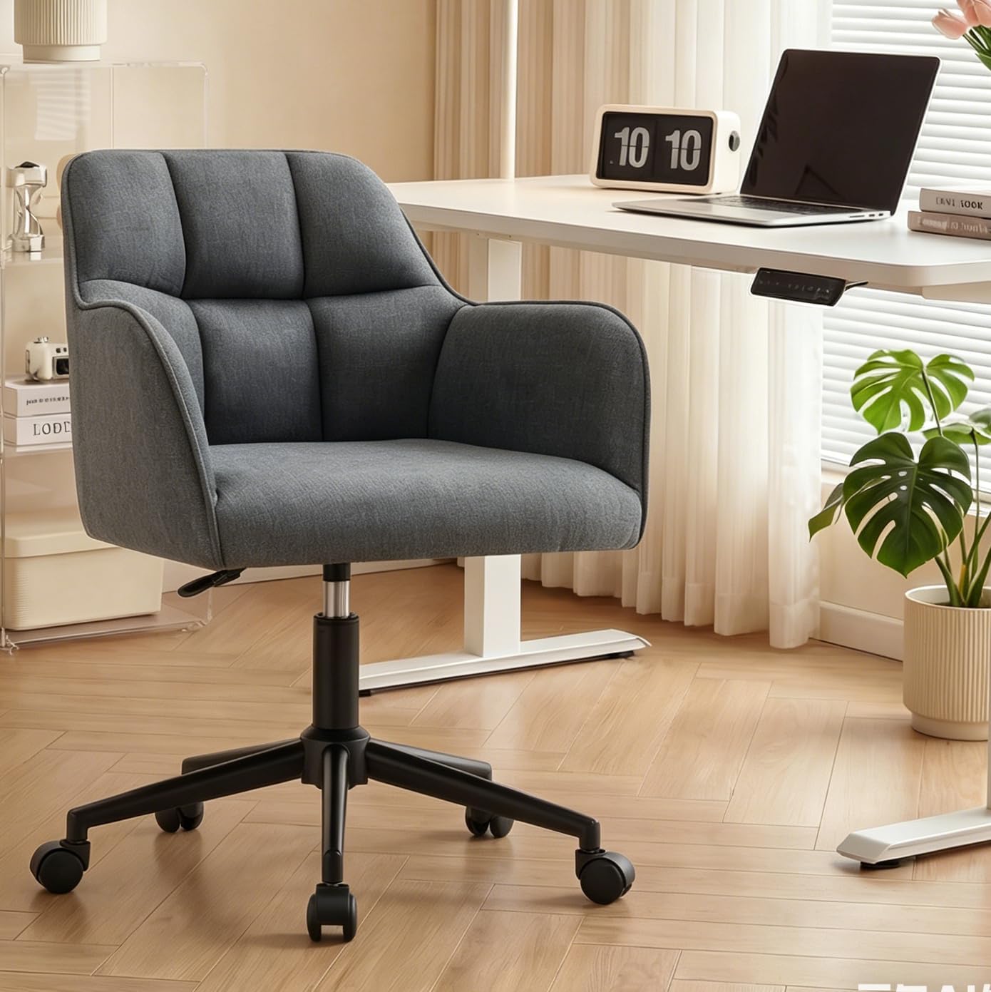 YOUDENOVA Schreibtischstuhl, Drehstuhl mit Rollen, Schminkstuhl Höhenverstellbar, Homeoffice Stuhl, Bürostuhl Ergonomisch, Vanity Chair für Mädchen Arbeitszimmer Schlafzimmer Büro, Leinen Dunkelgrau