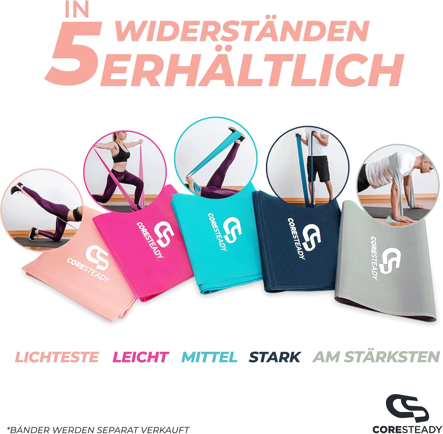 Coresteady Gymnastikband für Männer und Frauen – Fitnessband ohne Zurückschnellen für Krafttraining – Gummiband Sport für Fitness, Pilates, Physio und Yoga – Mit Trainingsanleitung – Bild 6