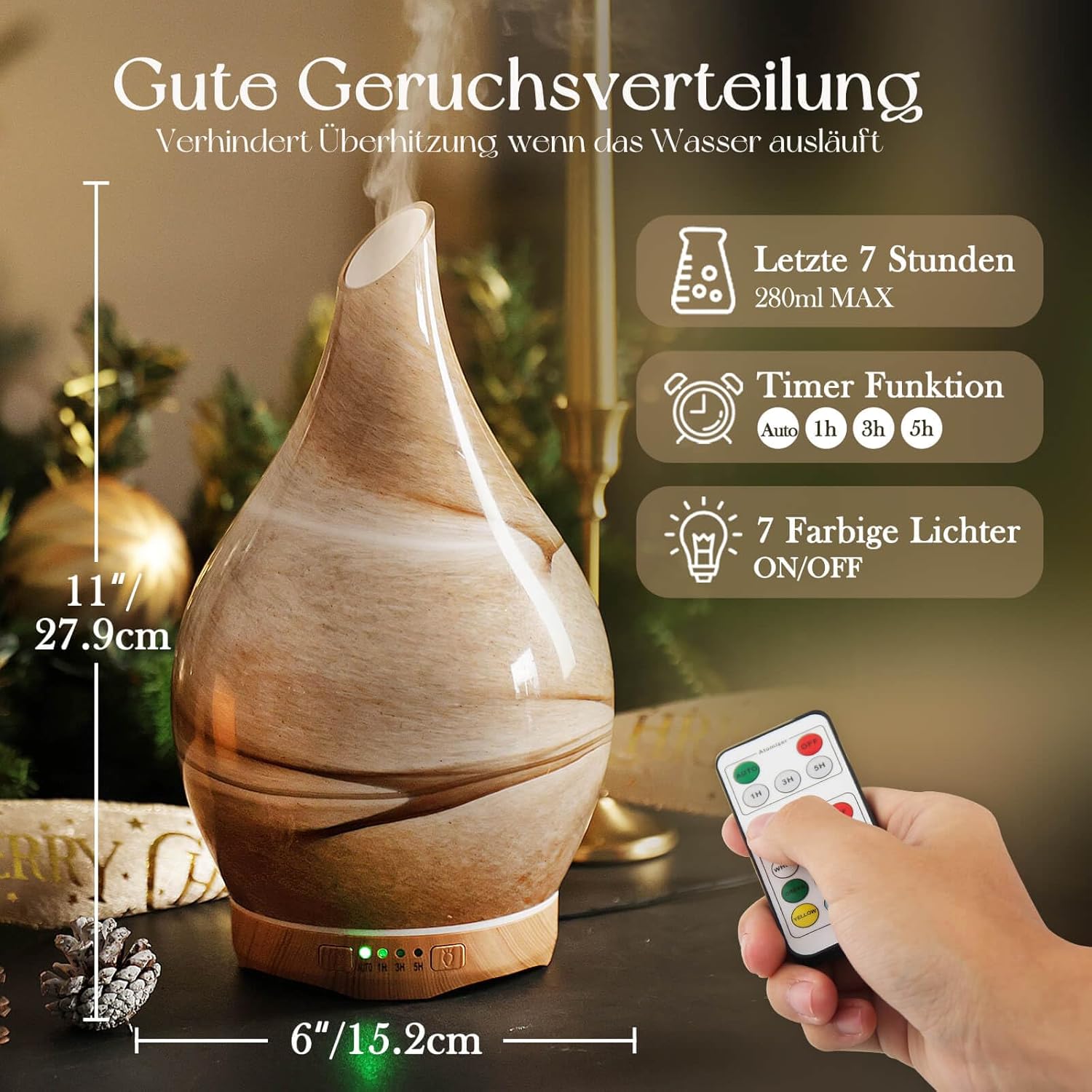 Porseme Aromadiffusor 280 ml, Luftbefeuchter aus mundgeblasenem Glas, Ultraschall-Aromatherapie-Öldiffusor mit 7 farbigen LED-Lichtern, Diffusor für ätherische Öle mit Fernbedienung für Zuhause (Wüste) – Bild 2