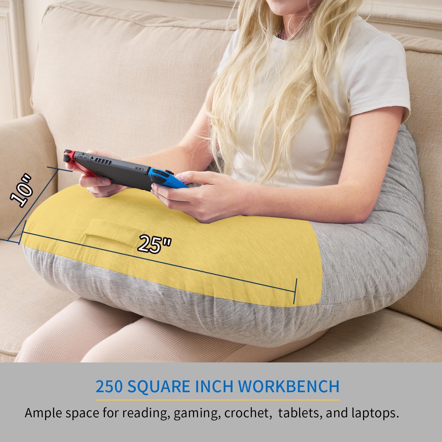 Lesekissen für Gaming, ergonomische Armlehne für Gaming, Häkeln, Laptop-Stützkissen zum Sitzen im Bett und Sofa, Haltungskorrekturkissen für den Schoß, waschbarer Bezug (kühlendes Grau) – Bild 3