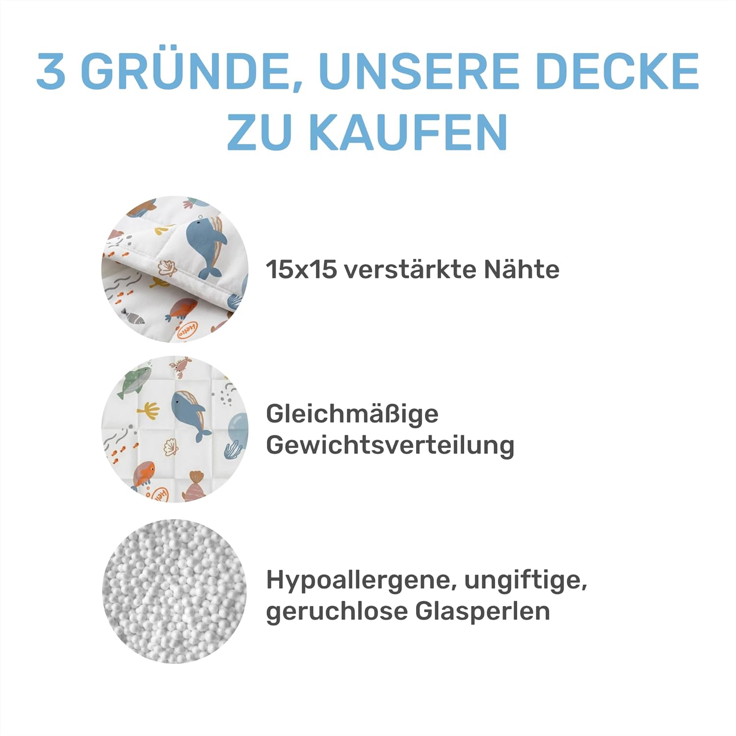 Dailydream Gewichtsdecke für Kinder, 104 x 150 cm, 3,2 kg, Ozean-Motiv, 100 % Baumwolle mit Glasperlenfüllung, schwere Decke zum Schlafen, Gewichtsdecke, Therapiedecke, Körpergewicht 35–55 kg – Bild 3