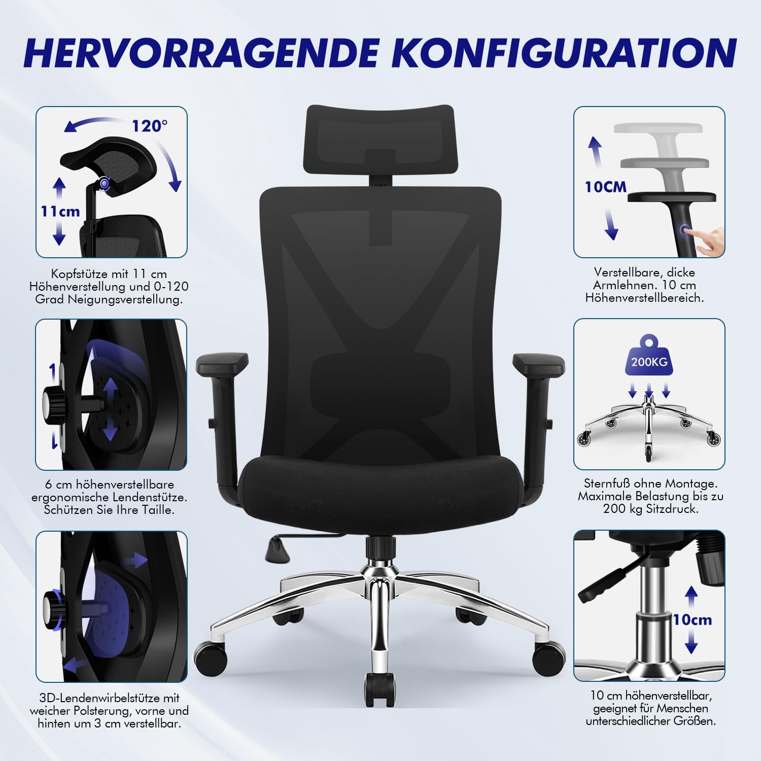 Daccormax Bürostuhl, Ergonomischer Schreibtischstuhl mit verstellbaren Armlehnen, weiche Lordosenstütze aus Naturschwamm und Kopfstütze, Chefsessel, Drehstuhl, Wippfunktion, 200 kg, Schwarz – Bild 8