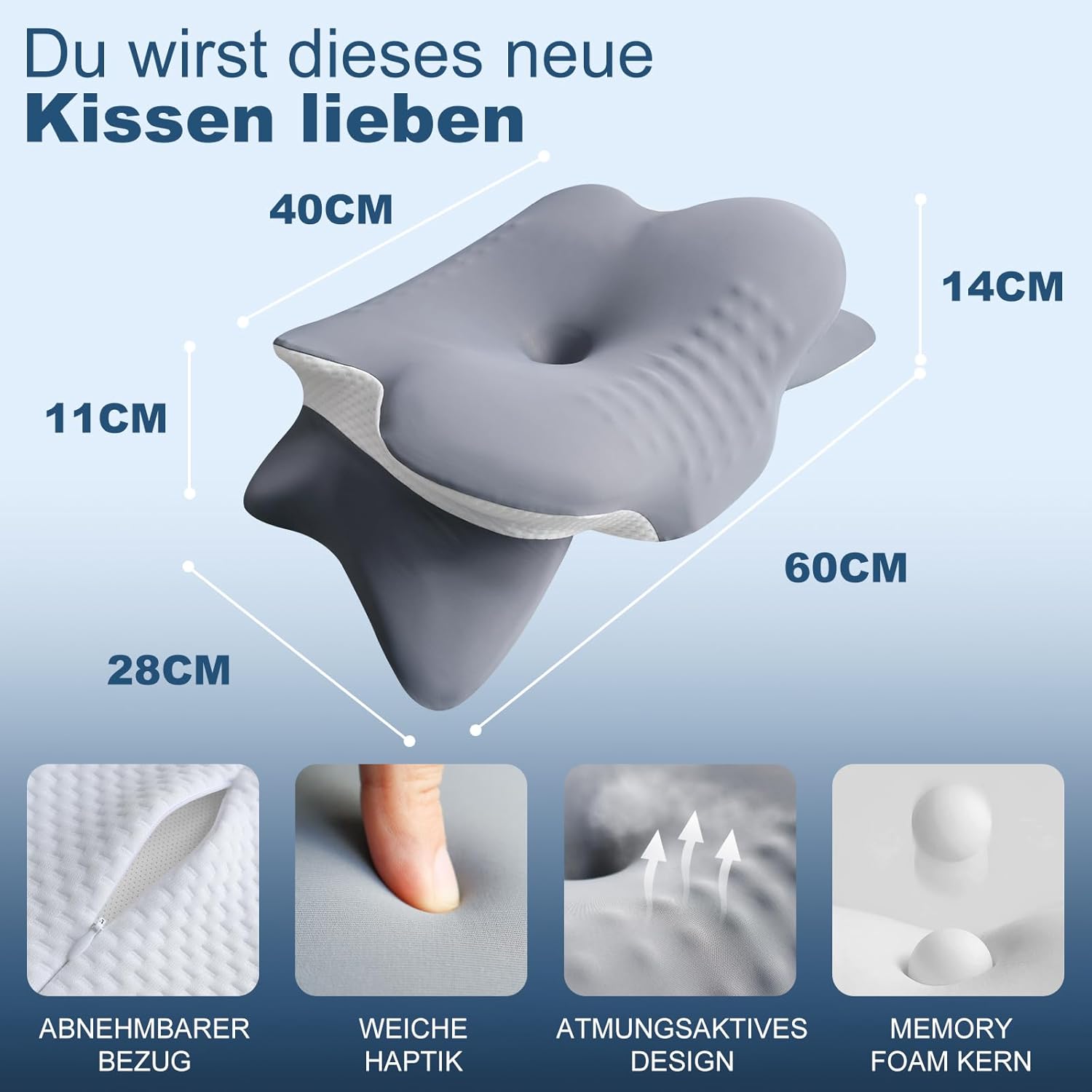 Nackenkissen, Nackenstützkissen mit 3D-Nackenstütze, CertiPUR-US & Öko-Tex zertifiziert, Seitenschläferkissen mit atmungsaktivem waschbarem Bezug, für Seiten-, Rücken- und Bauchschläfer – Bild 2