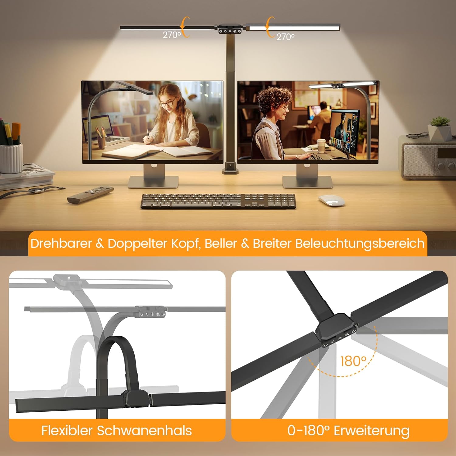 SIBRILLE RGB Doppelkopf Schreibtischlampe LED Dimmbar 22W 80cm Klemmbare Tageslichtlampe mit Fernbedienung, Drehbare Tischlampe Augenschutz Schwanenhals Büro Monitorlampe (5 Farbtemperaturen) – Bild 2