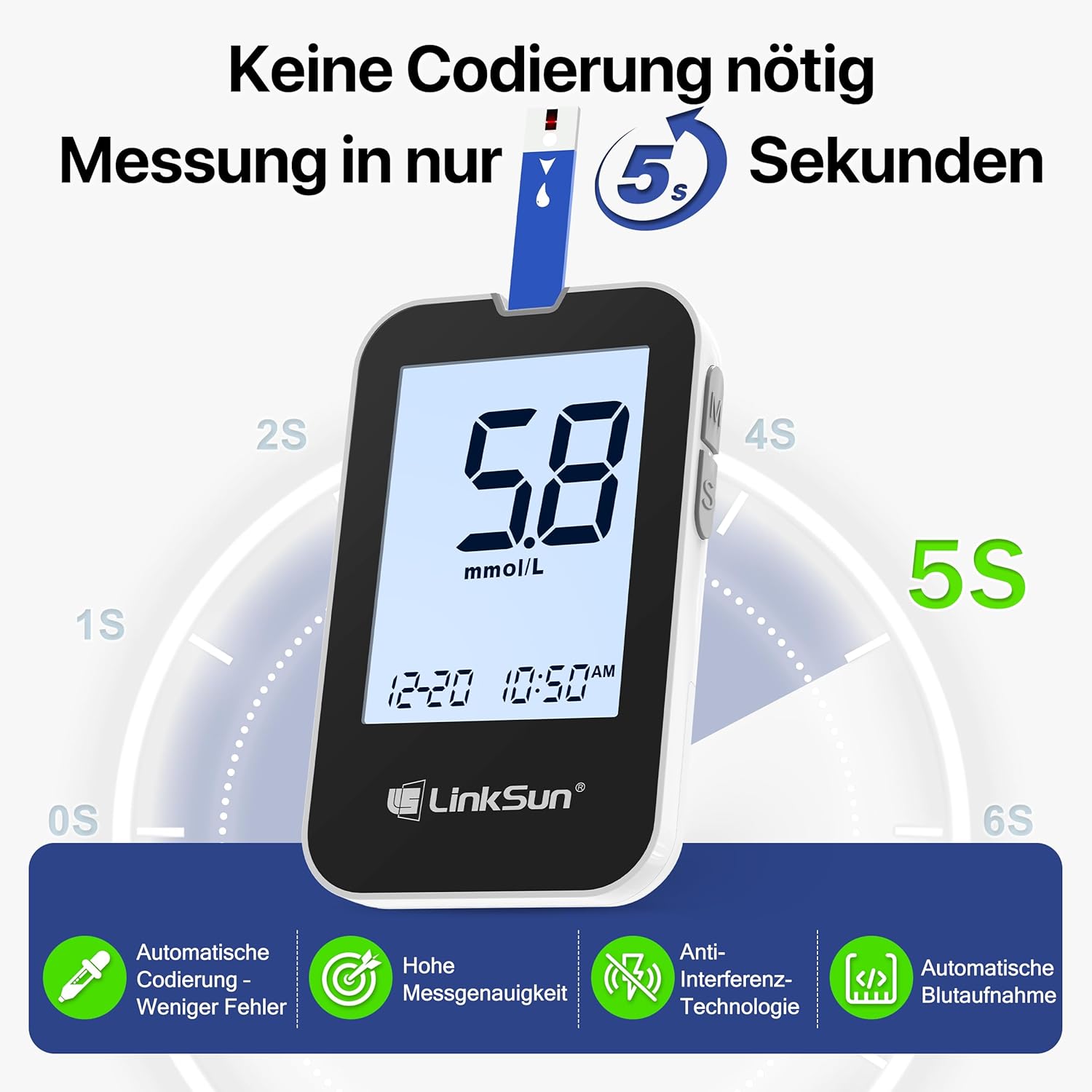 LinkSun G-425-2V Blutzuckermessgerät-Set, 100 Teststreifen, 100 Lanzetten, Blutzuckermessgerät, Stechhilfe, mmol/L & mg/dL – Bild 3