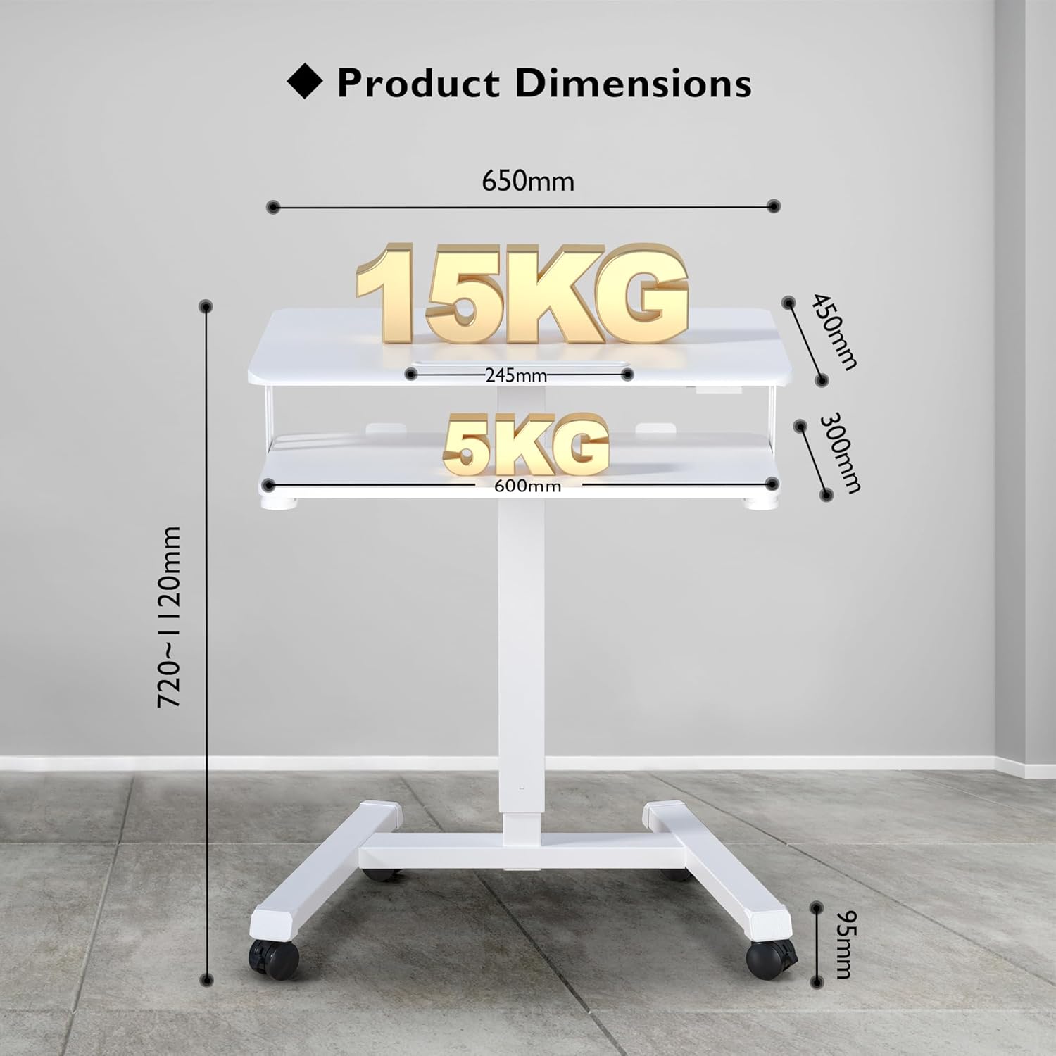 BONTEC Schreibtisch höhenverstellbar mit Tastaturablage, mobiles Podium, Computerarbeitsplatz bis 15 kg, Laptopsitz oder Stehpult auf Rollen, höhenverstellbarer Stehschreibtisch, weiß – Bild 2