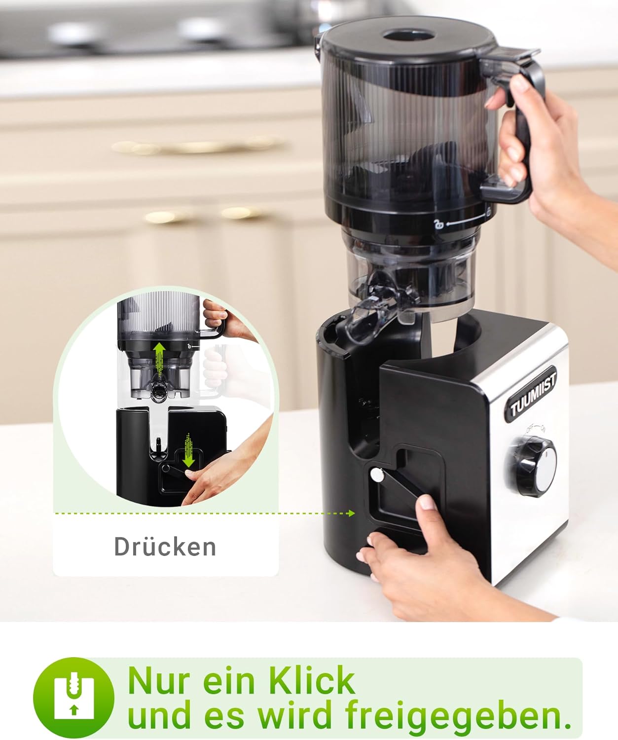 TUUMIIST Slow Juicer mit 150 mm extra großem Einfüllschacht, Entsafter Gemüse und Obst, Testsieger, anwendbarer Entsafter für ganzes Obst und Gemüse, BPA-frei, glänzendes Schwarz – Bild 9