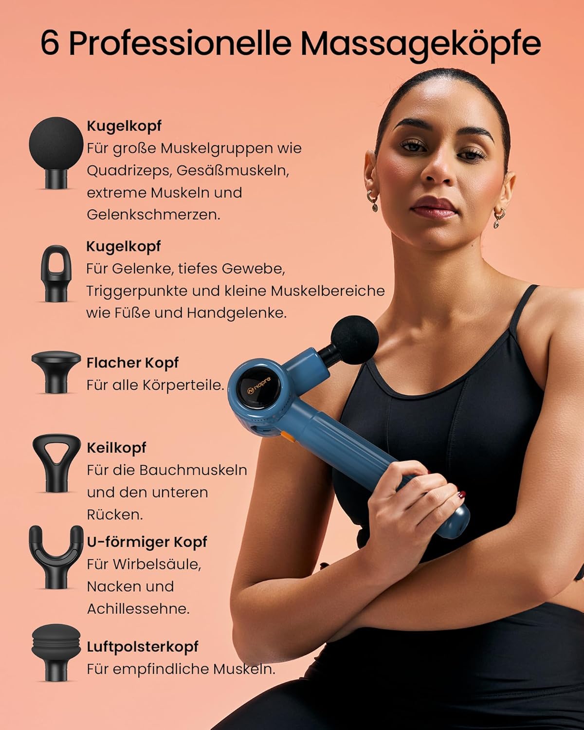 Napre Massagepistole, Massagepistole mit Verlängerungsgriff und 3 verstellbaren Winkeln, Muskel-Percussion-Massagegerät für Rücken/Nacken/Schulter-Entspannung, Handmassagegerät, Blau – Bild 9