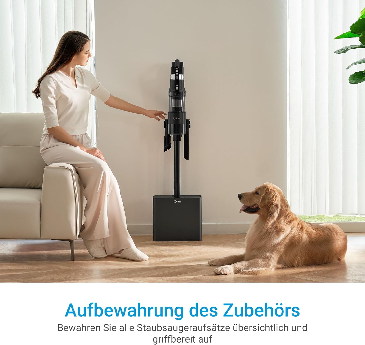 Midea Akku-Staubsauger mit Saugstation, 350 W, bis zu 60 Minuten Laufzeit, selbstentleerende Anti-Tangle-Bürste, LED-Düse, HEPA-Filter, für Allergiker geeignet, austauschbarer Akku, kabellos, schwarz – Bild 4