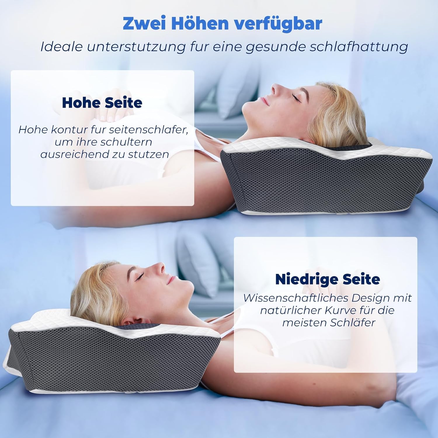 SAHEYER Ergonomisches Nackenkissen, 2-in-1 orthopädisches Kissen, Nackenstützkissen, Memory-Schaum für Seiten-, Rücken- und Bauchschläfer, 60 x 40 x 13/11 cm, Grau – Bild 4