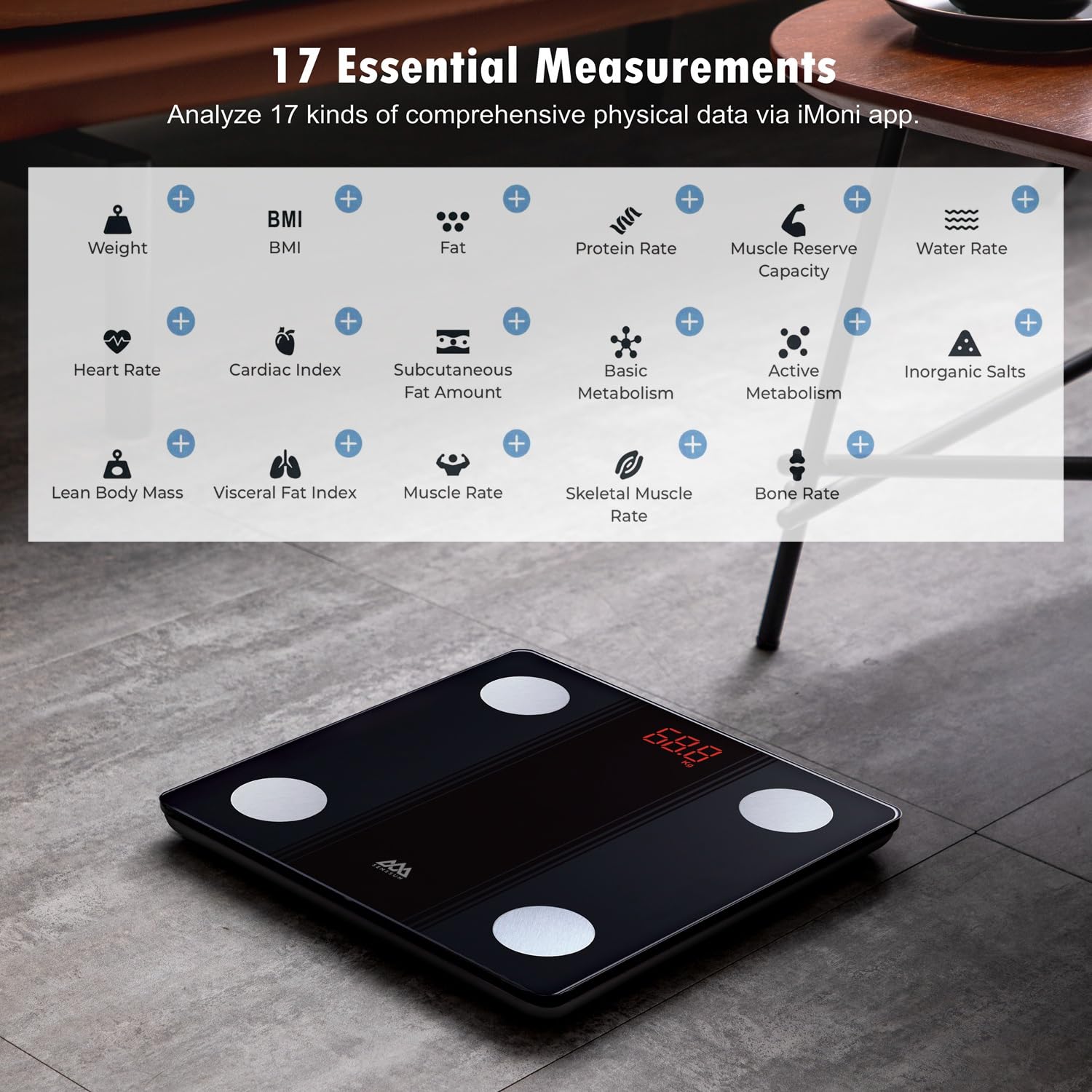 Körperfettwaage Digitale Personenwaage mit App, Smartwaage Bluetooth Körperanalysewaage mit Körperzusammensetzungsfunktion, 150 kg/330 LB, 26 x 26 cm, LED-Anzeige (Schwarz) – Bild 3