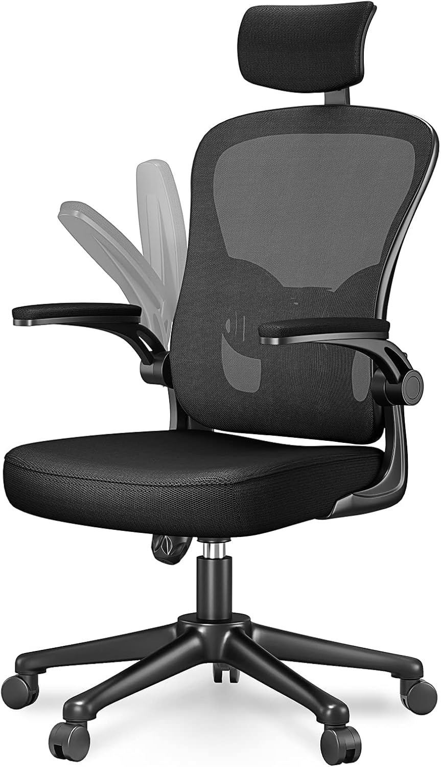 naspaluro Ergonomischer Bürostuhl mit atmungsaktivem Netzbezug, Schreibtischstuhl mit verstellbaren Armlehnen, Kopfstütze, Lordosenstütze, Rückenlehne, Höhenverstellung, 360°-Drehstuhl, Dunkelschwarz