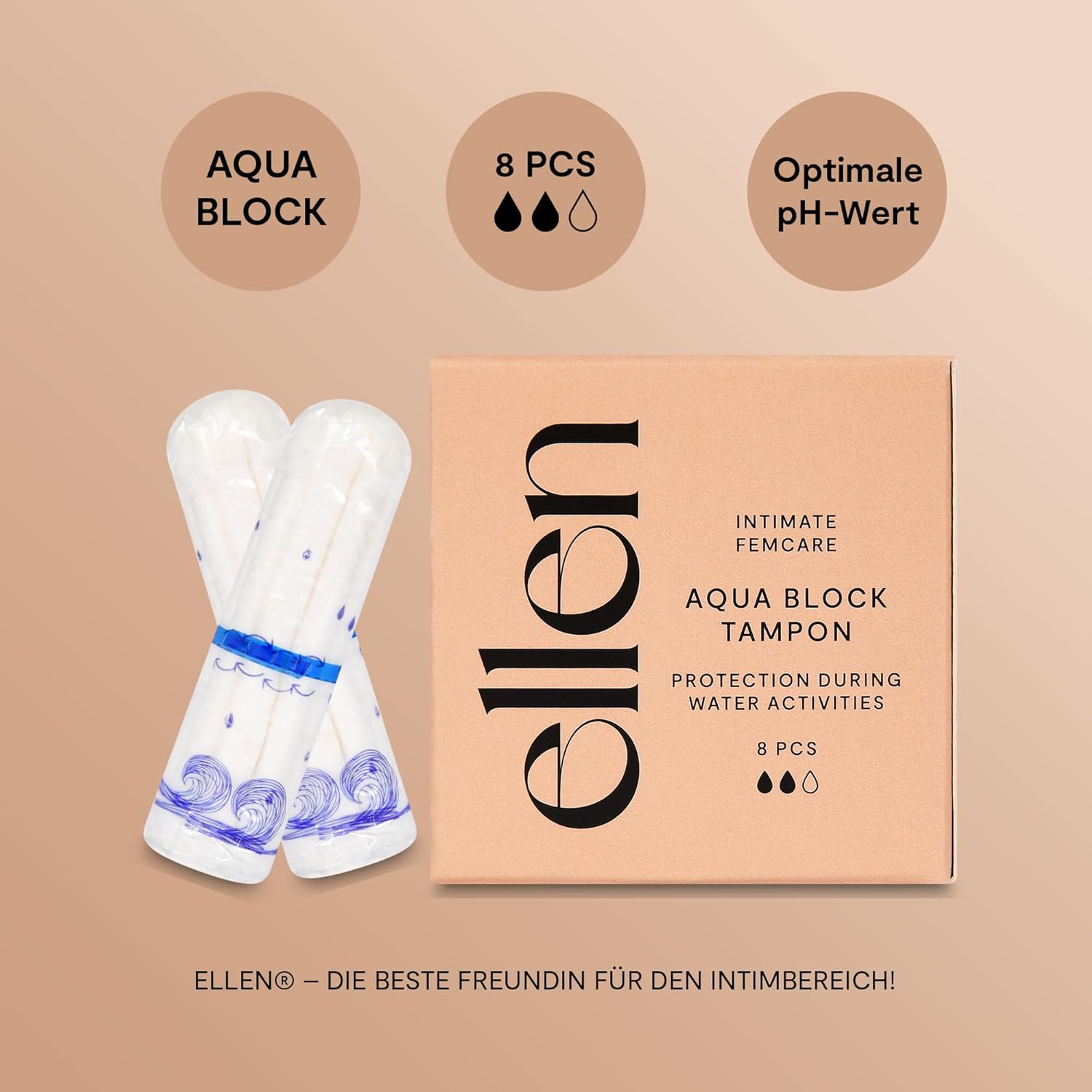 ellen Aqua Block Tampon – Bade- und Schwimmtampons mit wasserdichter Barriere – schützt den Bauch vor Wasser – für den periodischen Gebrauch – normal – 8 Stück – Bild 2