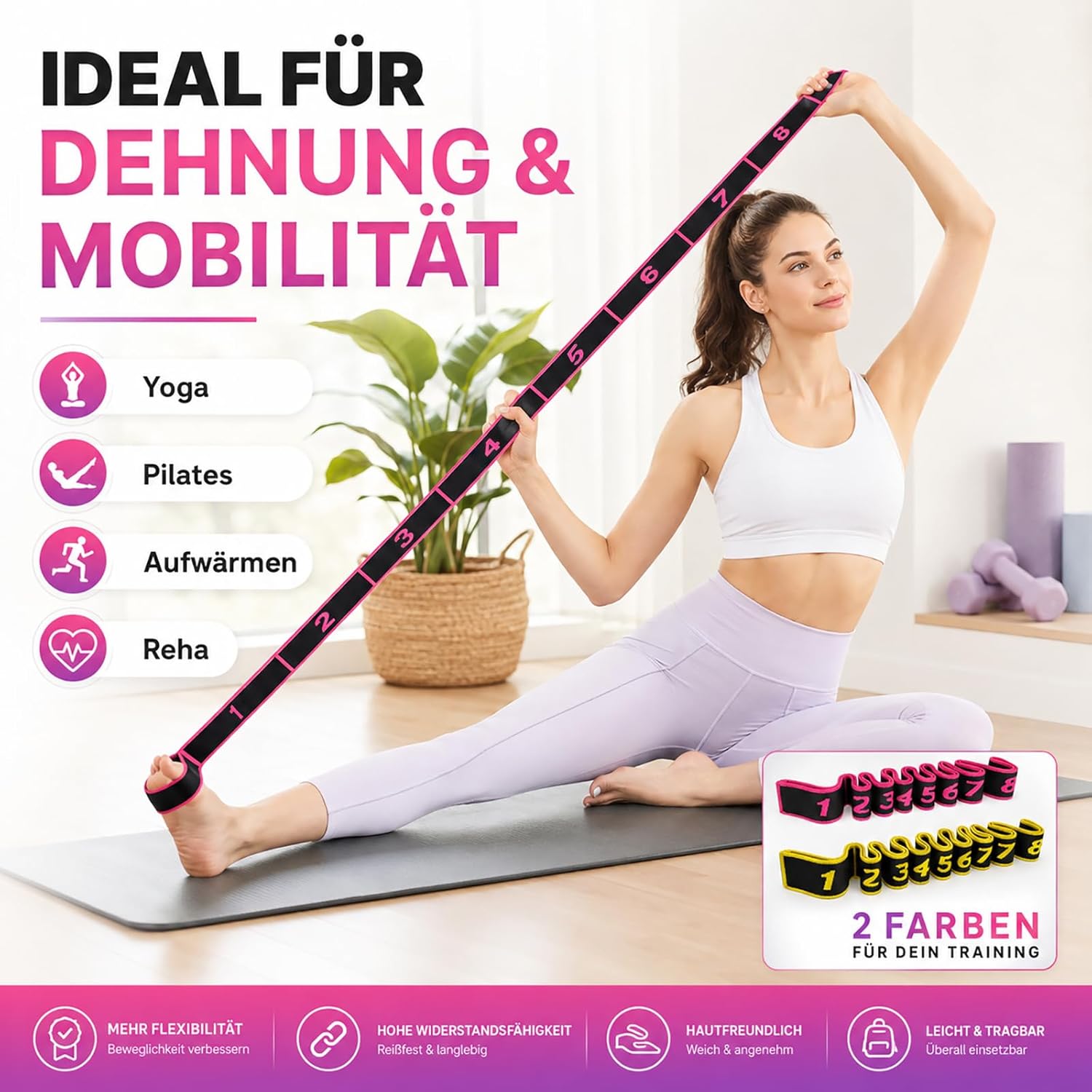 2er-Pack Gymnastikbänder mit Schlaufen, Fitnessbänder, Widerstandsbänder, 8 Schlaufen, verstellbares Theraband, Terraband-Bänder-Set für Yoga, Pilates, Physiotherapie, Krafttraining, Stoff-Stretchband (Rosa+Gelb) – Bild 7
