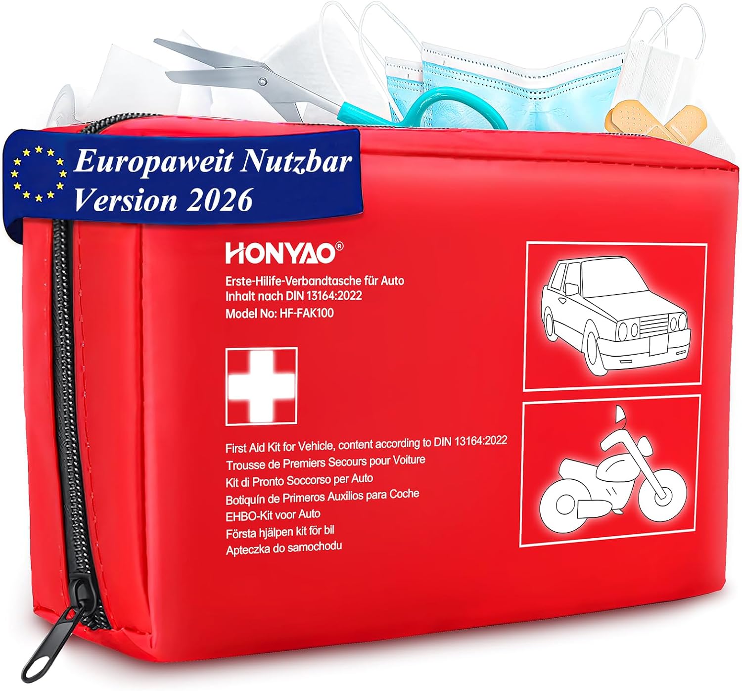 HONYAO Erste-Hilfe-Set Auto 2026, Auto-Verbandstasche nach aktueller DIN 13164, Erste-Hilfe-Set Auto 2026, StVO-konform, Auto-Verbandskasten für Auto, Motorrad, LKW, Wohnwagen, europaweit gültig