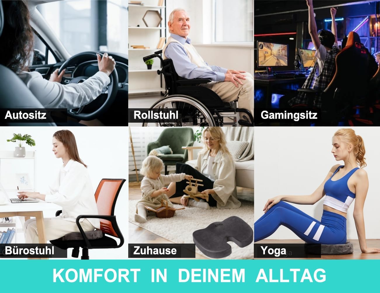 foverhom Gel-Sitzkissen für langes Sitzen, Bürostuhlkissen zur Schmerzlinderung im Steißbein, rutschfest, orthopädisch, 50 Dichte, langsamer Rückprall, mit Griff und verdecktem Reißverschluss – Bild 6