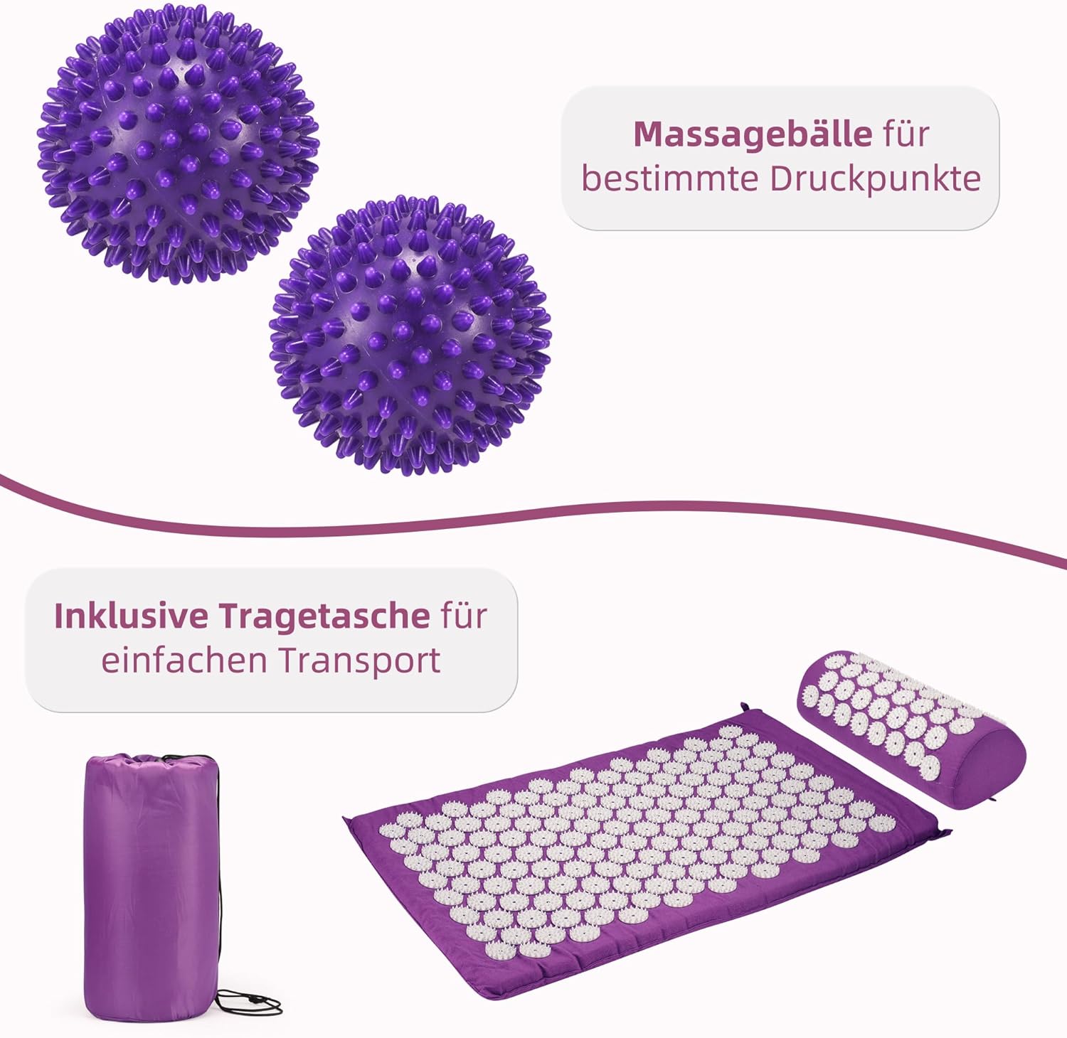 Akupressurmatte, Akupunkturmatte mit Kissen gegen Nacken- und Rückenschmerzen, Akupressurmatte für Magnetfeldtherapie, inklusive Tragetasche und zwei Massagebällen für Damen und Herren, Lila – Bild 6