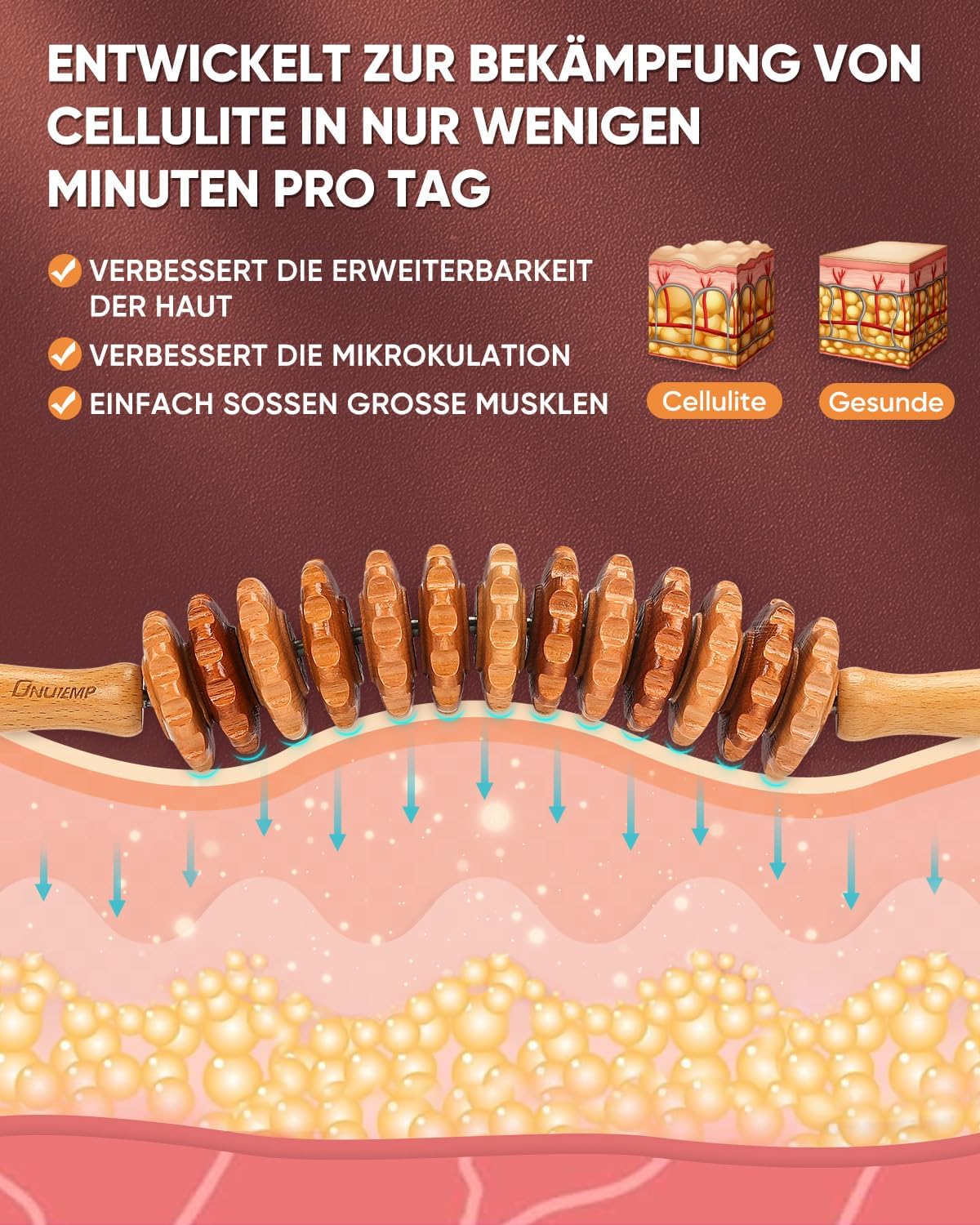 Faszienrolle Holzmassagegerät, Faszienstabrolle Holz, Massagerolle mit Griff, Massageholz Anti-Cellulite-Massagegerät, für Maderotherapie und Lymphdrainage 42,2 cm 350 g Buche – Bild 4