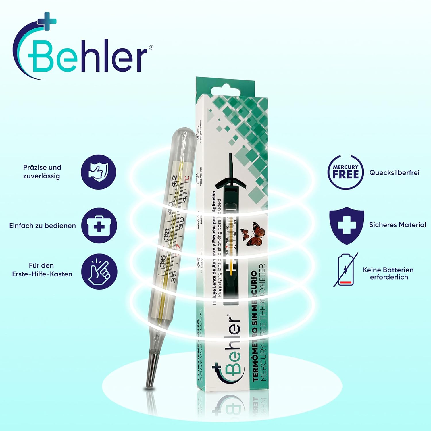 Behler – Analoges Fieberthermometer – sicher und präzise, quecksilberfrei – Thermometer – für Kinder und Erwachsene – mit Lupe und Schütteletui – für den Heim- und Klinikgebrauch – Bild 3