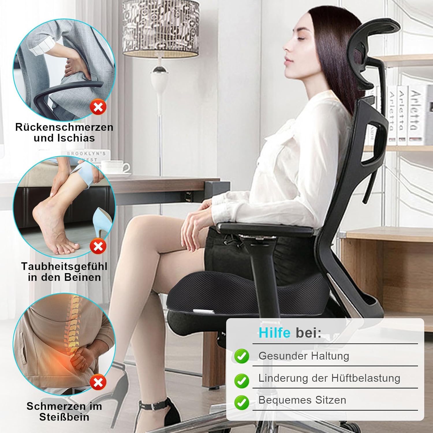 Nauotk Sitzkissen Orthopädischer Sitzring Steißbein Sitzkissen Steißbein Entlastung für Auto Sofa Büro und Rollstuhl (Schwarz) – Bild 3