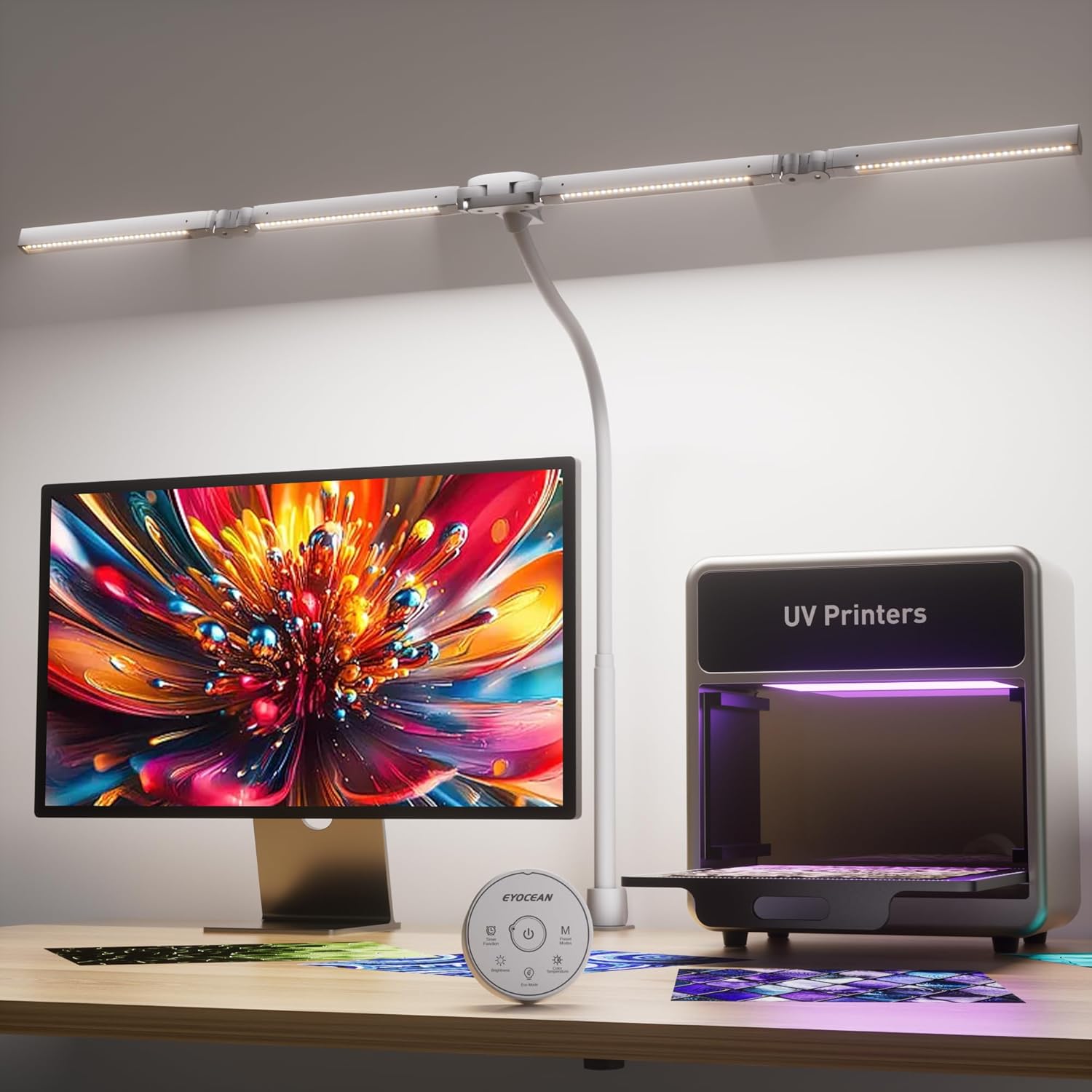 EYOCEAN Schreibtischlampe, Schreibtischlampe mit 4 Lichtquellen, 24W 100 cm Tageslichtlampe Schreibtisch mit Fernbedienung, dimmbare Monitorlampe, Schwanenhals-Bürotischlampe, Augenschutz-PC-Lampe