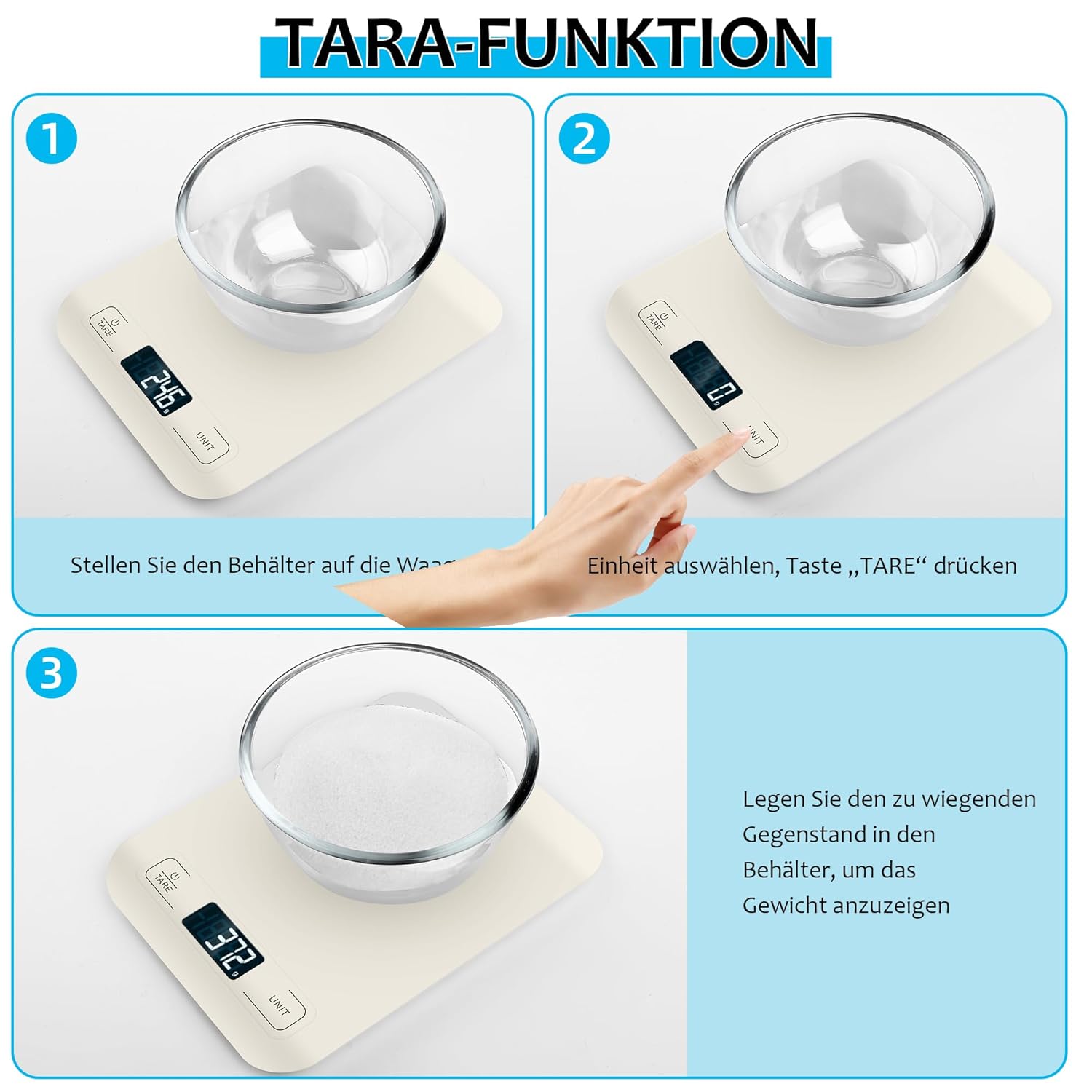 Küchenwaage Digital mit LCD-Display und Tara-Funktion, Präzise 1g Messung zum Backen und Kochen, Weiß – Bild 4