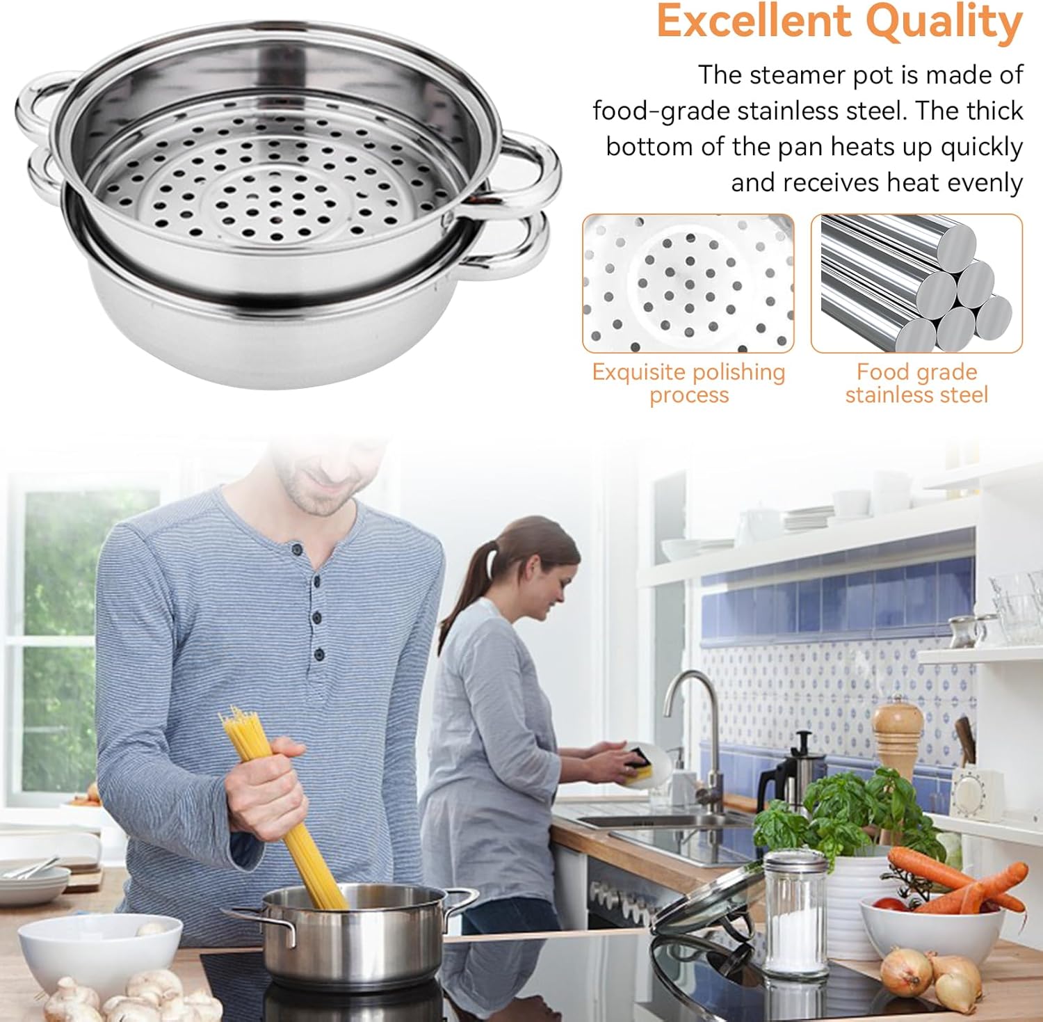 2-lagiger Dampfgarer zum Kochen, 28 cm Gemüse-Dampfgarer, Edelstahl-Dampfgarer, Lebensmittel-Dampfgarer, Couscous-Topf, Knödel-Dampfgarer, Kartoffel-Dampfgarer, Einsatztopf mit Glasdeckel für alle Kochflächen – Bild 4