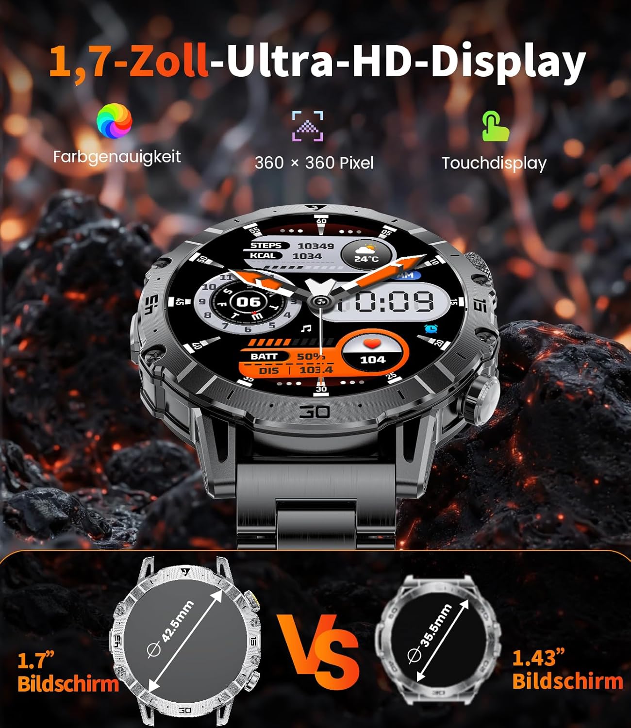 EF18-A Herren-Smartwatch mit 1000 mAh großem Akku, Taschenlampe, Bluetooth-Anruf, 1,7 Zoll Fitnessuhr mit 110+ Sportmodi, Herz- & Schlaf-Tracking, wasserdicht für iOS/Android, 3 Armbänder + 2 Ladegeräte – Bild 7