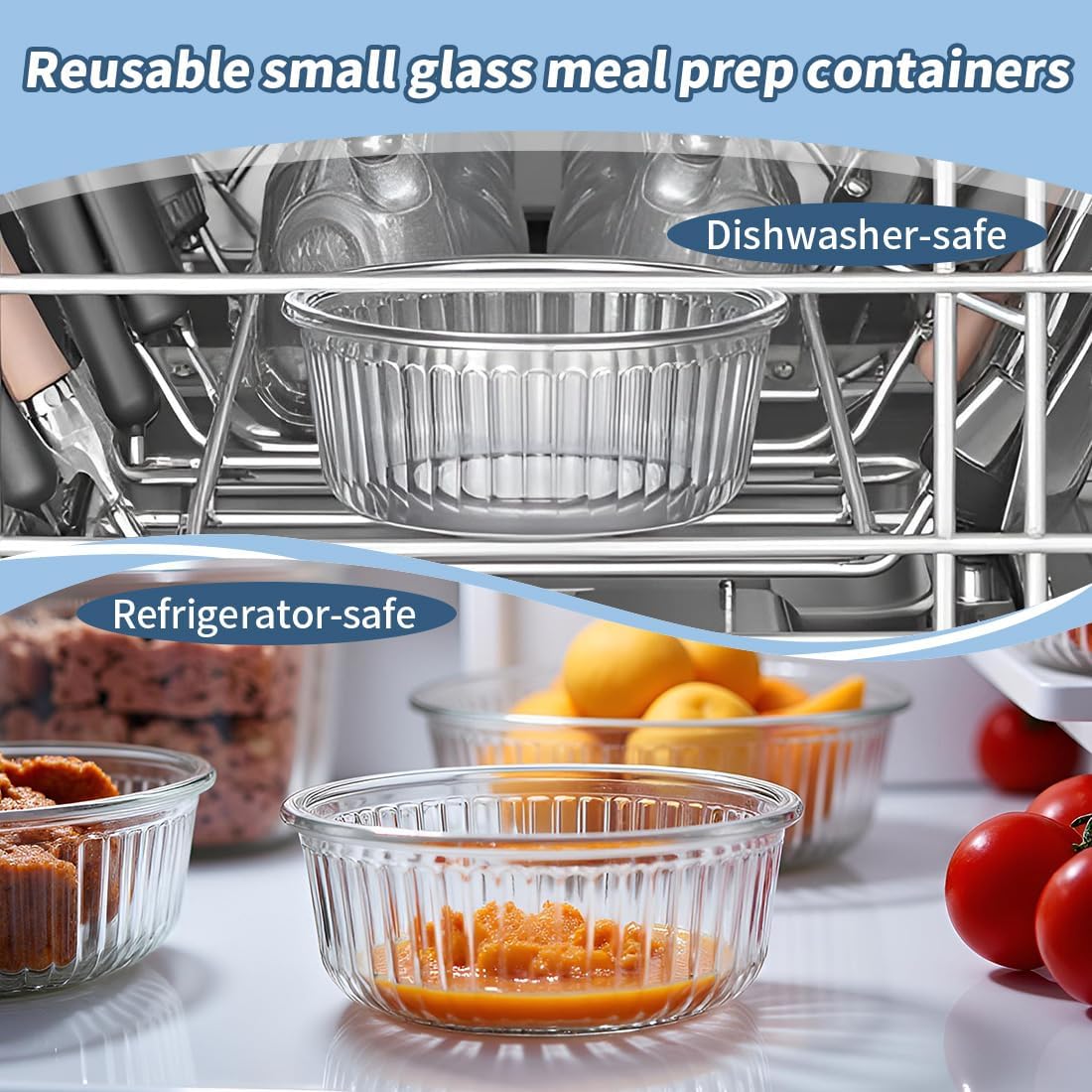 H.JSS WDJS 4 Stück kleine runde Meal-Prep-Boxen aus Glas, runde Glasbehälter mit Deckel, BPA-frei, kleine Meal-Prep-Gläser für Mikrowelle, Gefrierschrank und Spülmaschine, ideal für Suppe, Mittagessen (weiß-370 ml) – Bild 3